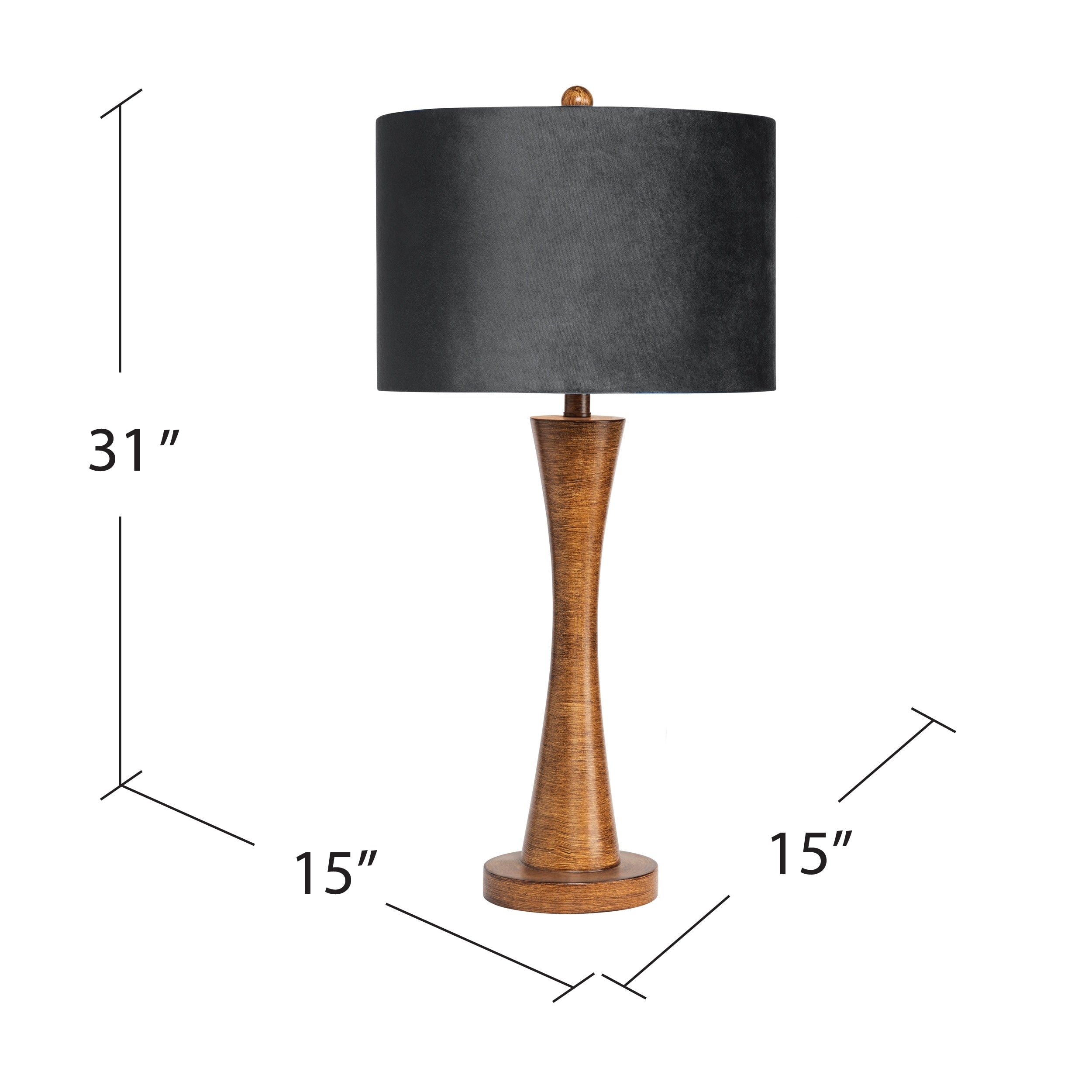 Marci Wood Finished Resin Lamp with Dark Grey Velvet Shade - 15 x 15 x 31.25