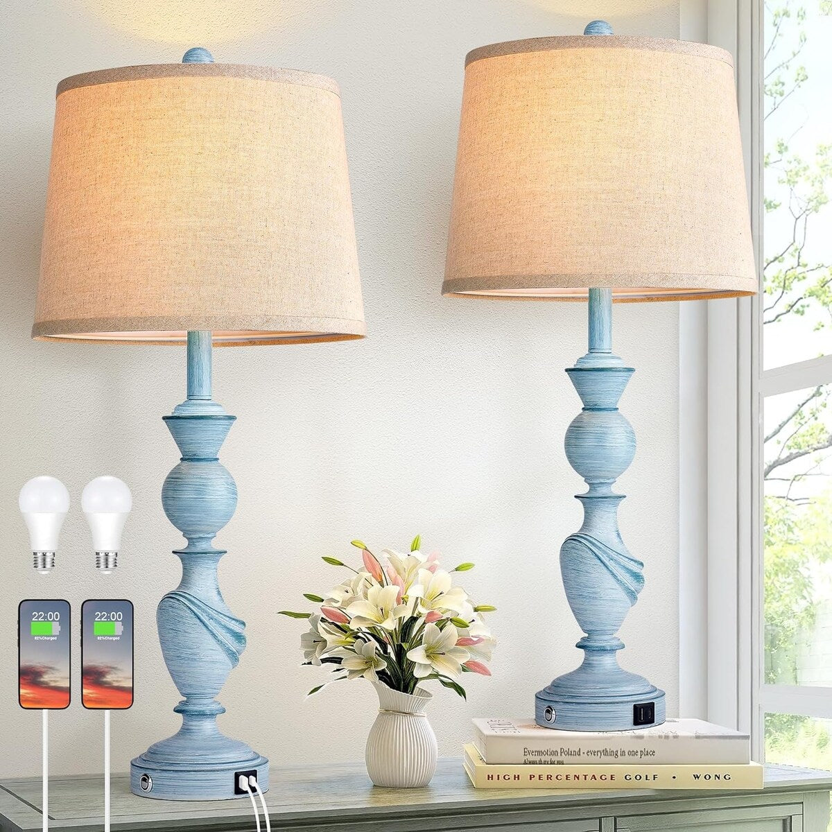 Farmhouse Table Lamps Set of 2, 3 Way Dimmable