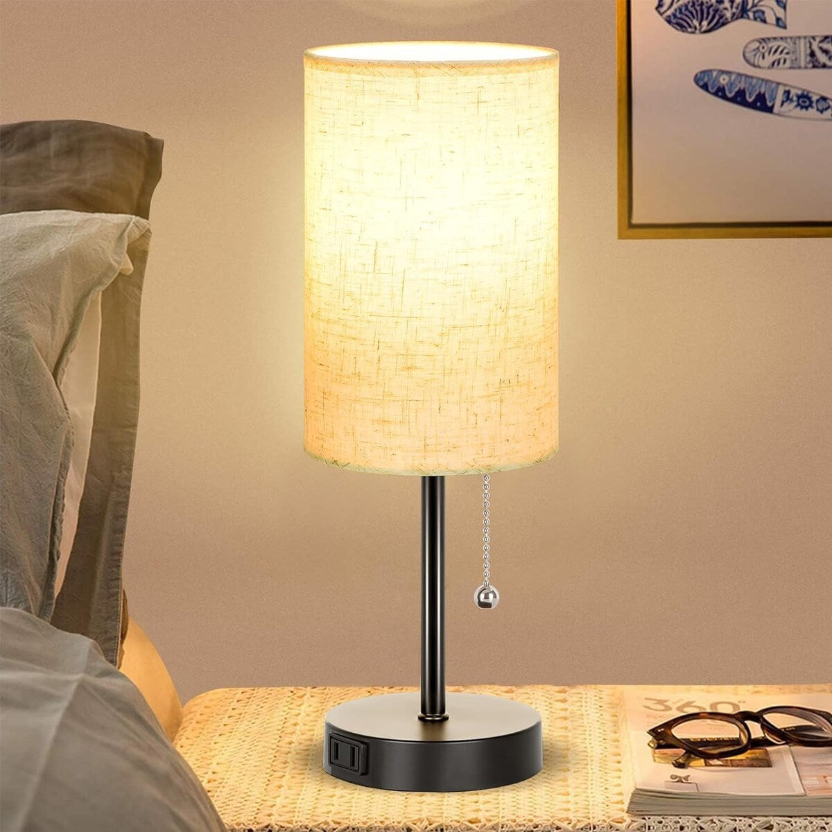 Table Lamp for Bedroom, 3-Color Bedside Lamps with Pull Chain, Bedroom Table Lamps for Nightstand, Bulb Included