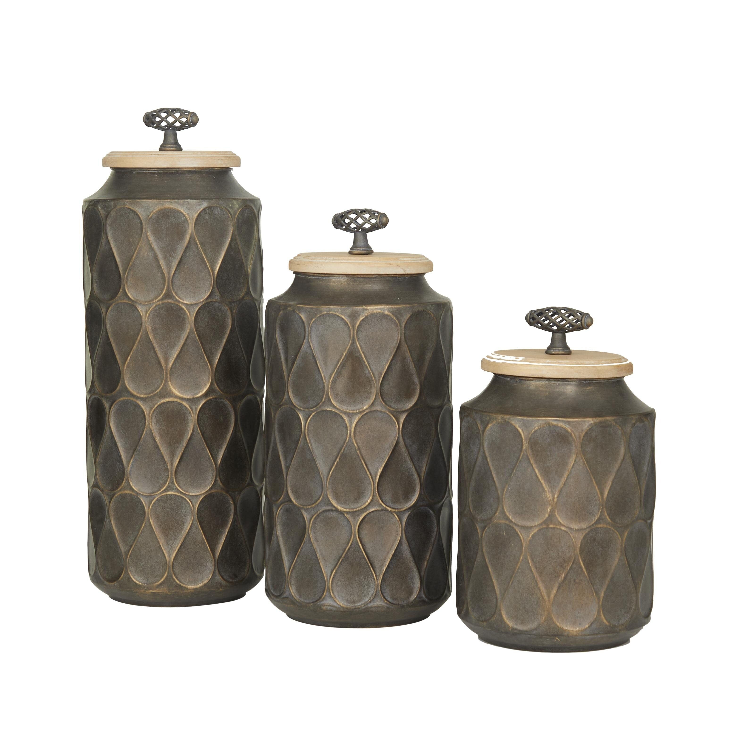 Metal Living Room Decorative Jars with Wood Lids - Set of 3 Bronze or Brown - Roche River Decor