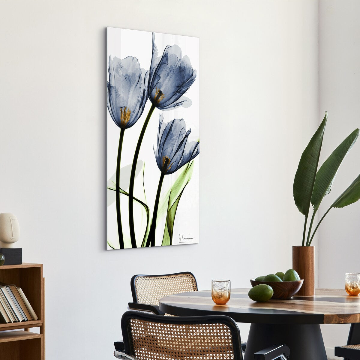 Three Blue Tulips Frameless Free Floating Tempered Glass Panel Graphic Wall Art