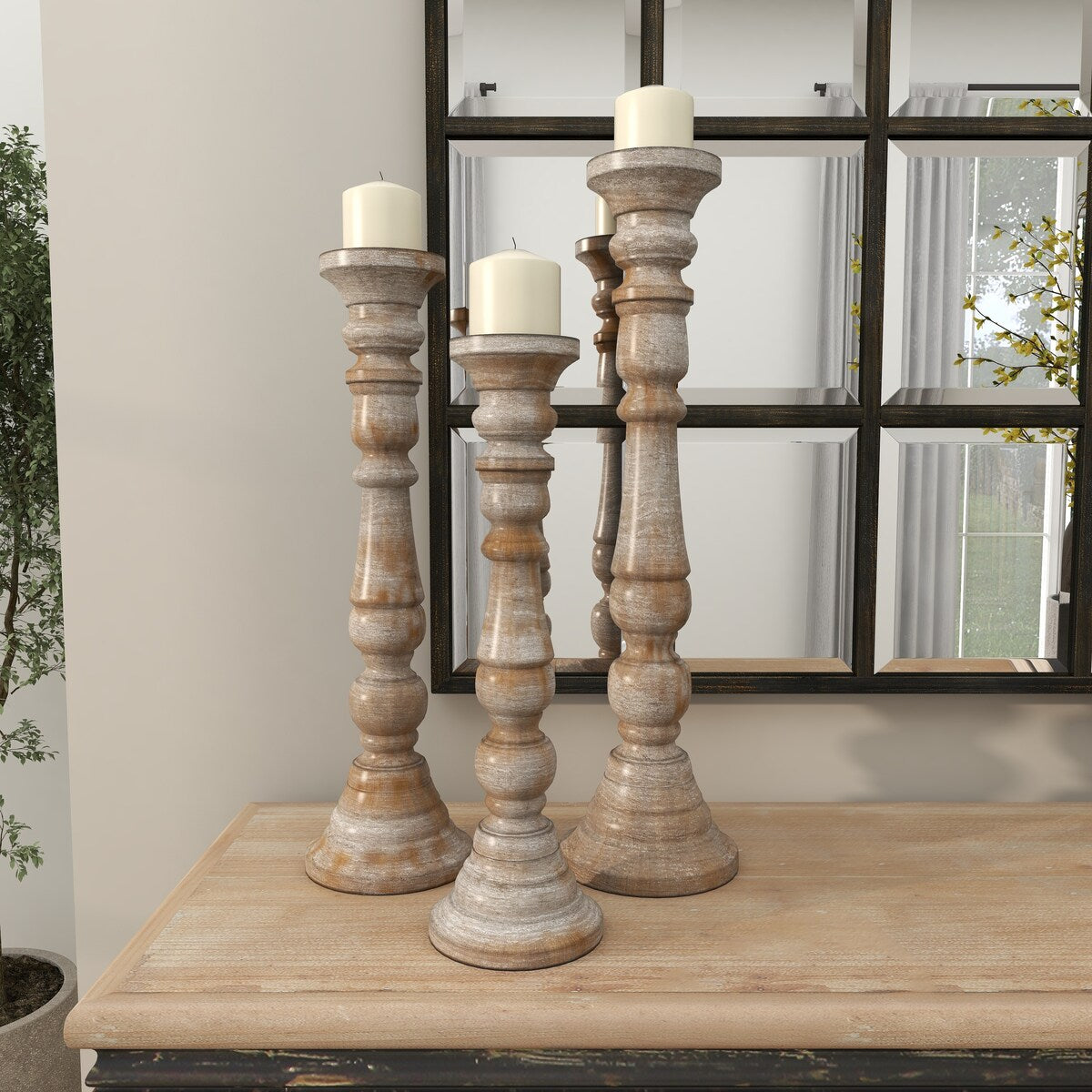 Mango Wood Handmade Tall Turned Decorative Candle Holder - Set of 3 Brown or Gray - Roche River Decor