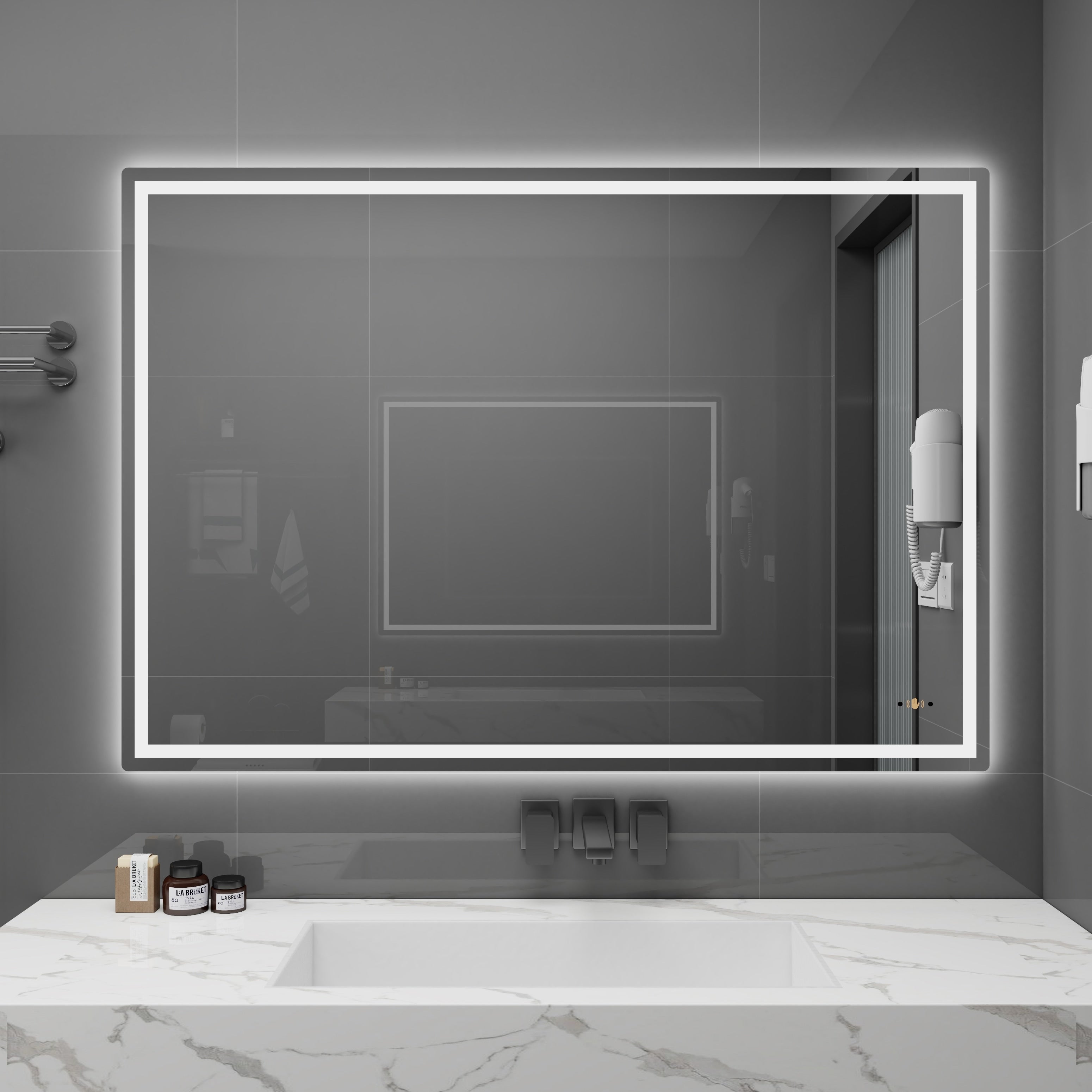 CB HOME Lighted Bathroom Vanity Mirror, LED Wall Mounted Mirror, Gesture Control Smart Lighted Mirror, Dimmable, Frameless