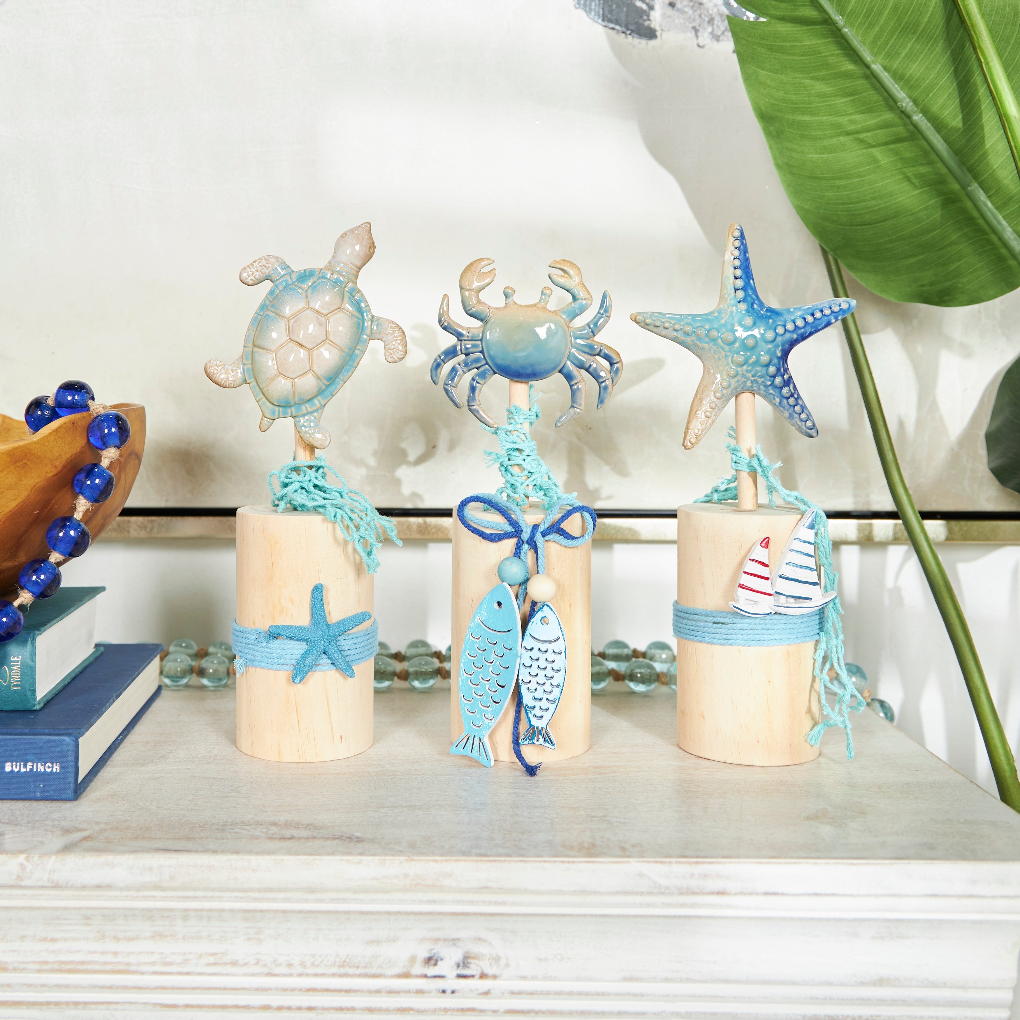 Blue Ceramic Handmade Ombre Sea Life Decorative Sculpture with Cylinder Block Bases and Netting Accents (Set of 3)