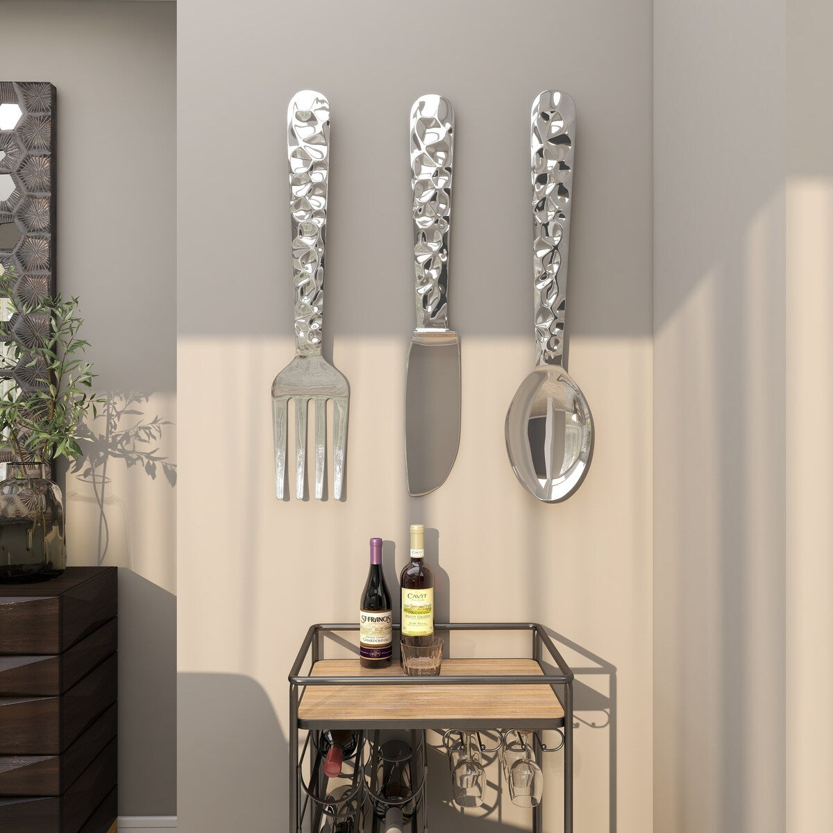 Aluminum Metal Utensils Knife, Spoon and Fork Home Wall Decor - Set of 3 Silver or Copper - Roche River Decor