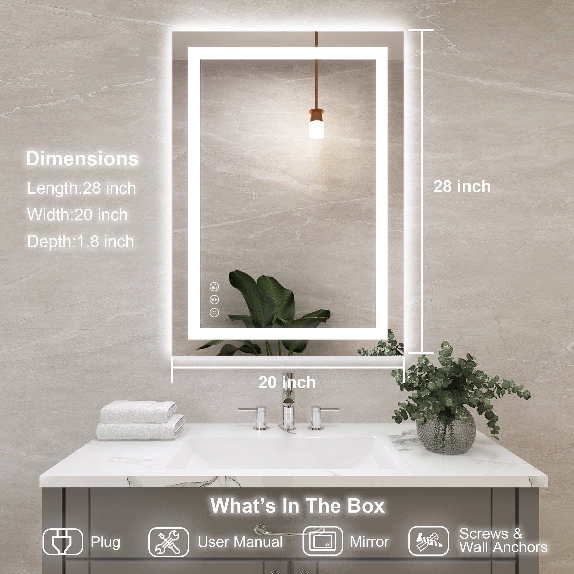 Large Rectangular Frameless Anti-Fog LED Light Wall Mounted Bathroom Vanity Mirror in White - N/A