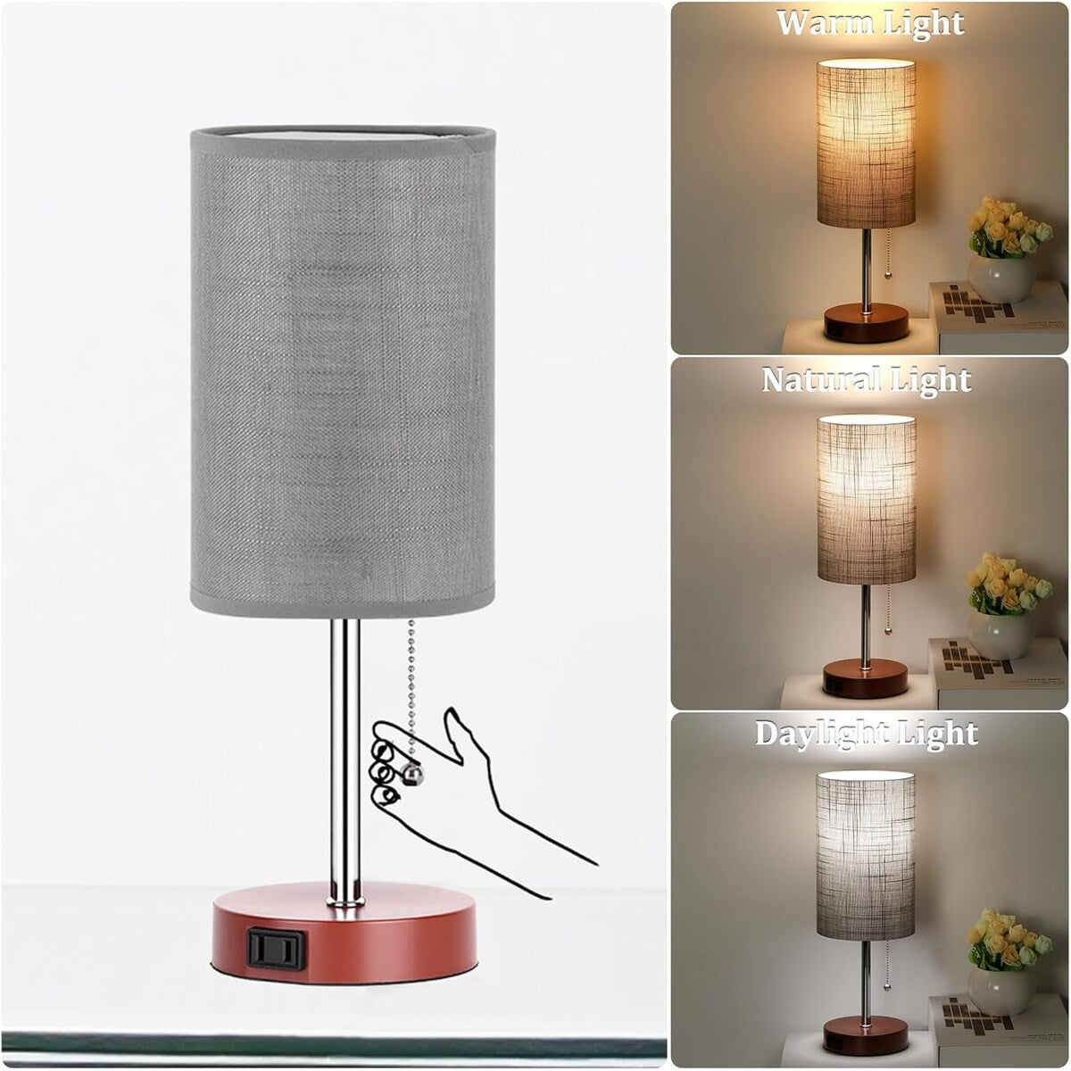 Table Lamp for Bedroom, 3-Color Bedside Lamps with Pull Chain, Bedroom Table Lamps for Nightstand, Bulb Included