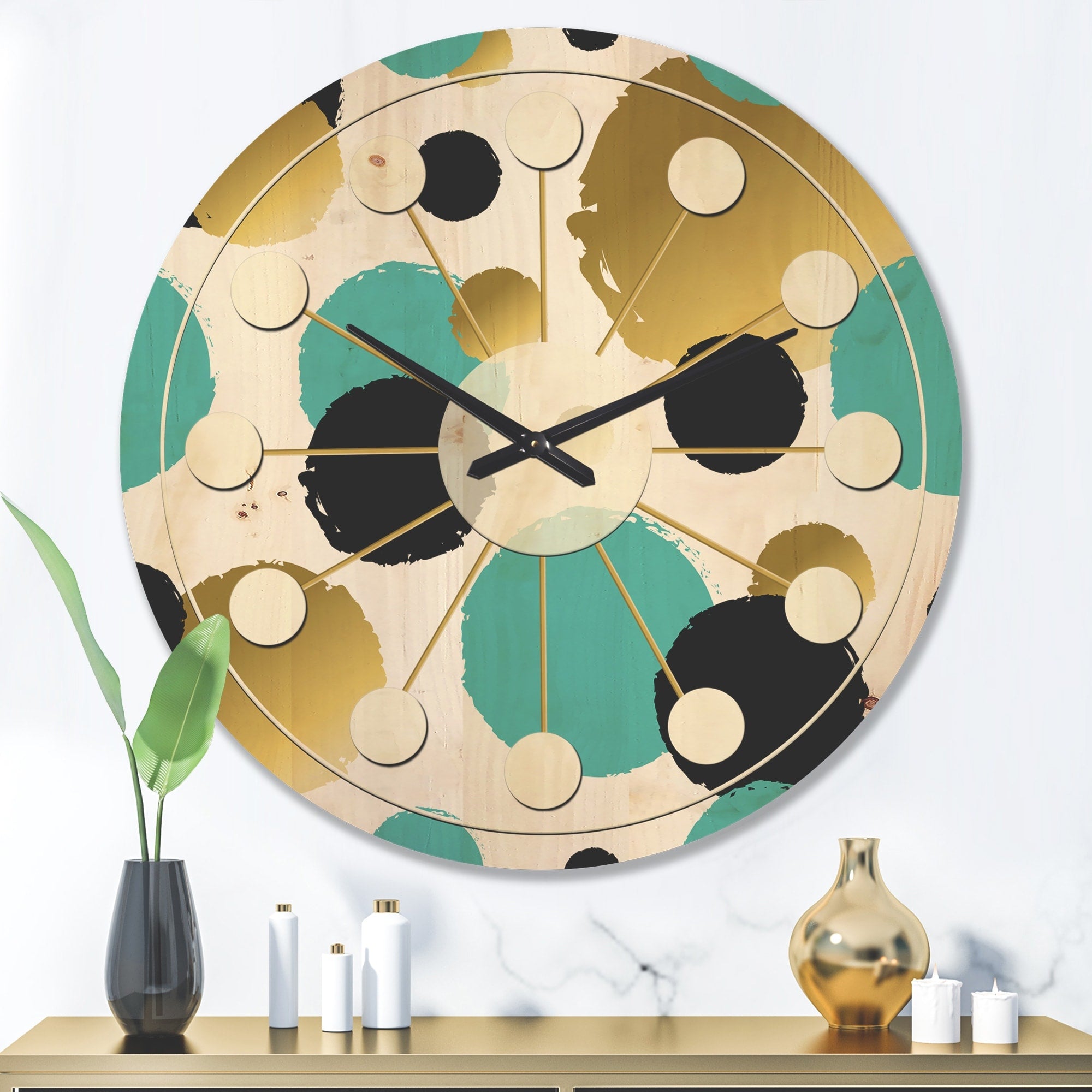 Designart 'Gold and Blue Circles' Mid-Century Modern Wood Wall Clock