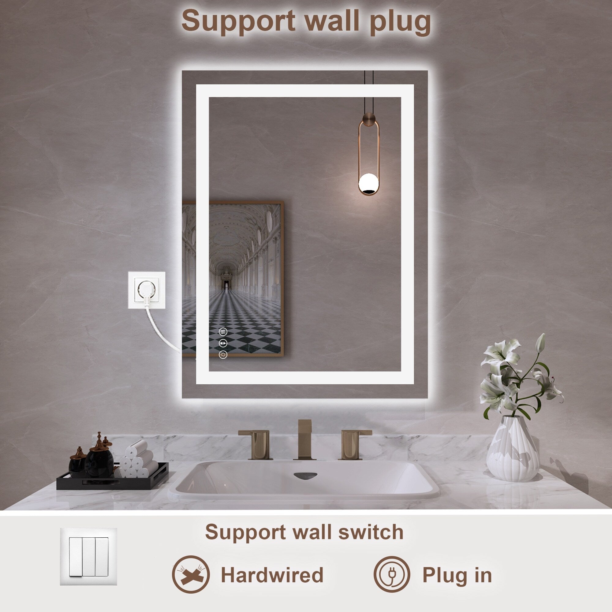 Large Rectangular Frameless Anti-Fog LED Light Wall Mounted Bathroom Vanity Mirror in White - N/A