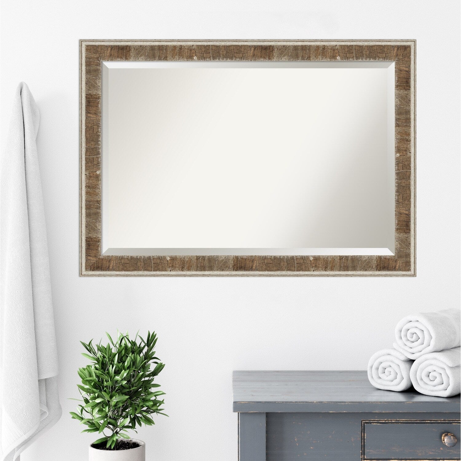 Beveled Wood Bathroom Wall Mirror - Farmhouse Brown Narrow Frame