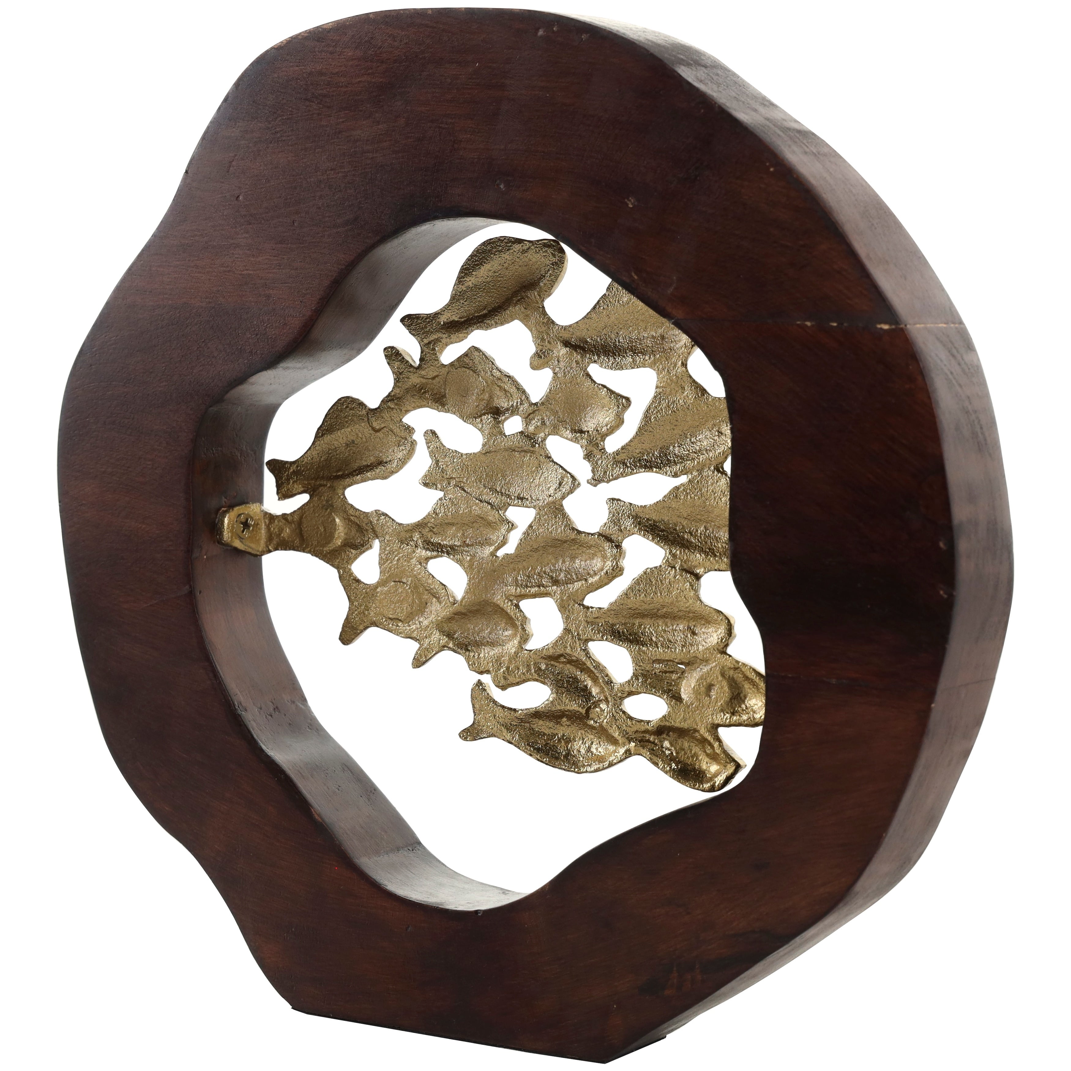 Gold Aluminum Metal Fish Decorative Sculpture with Brown Wooden Frame