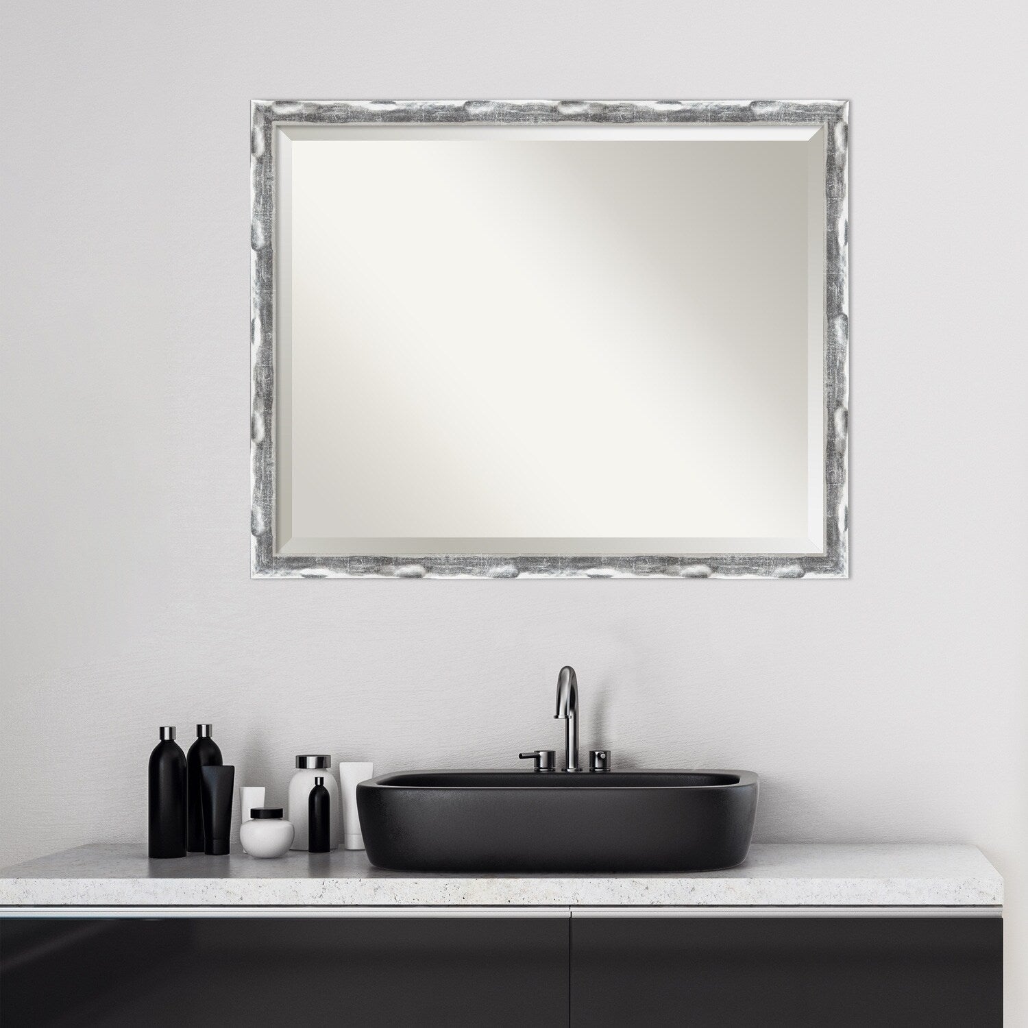 Beveled Bathroom Wall Mirror - Scratched Wave Chrome Frame - Scratched Wave Chrome