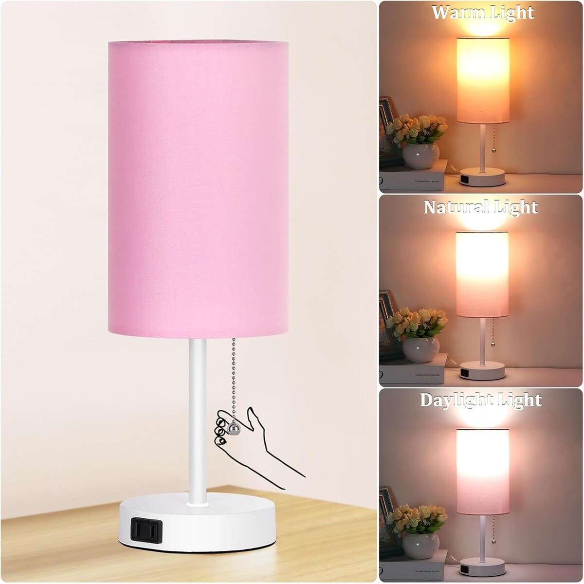 Table Lamp for Bedroom, 3-Color Bedside Lamps with Pull Chain, Bedroom Table Lamps for Nightstand, Bulb Included