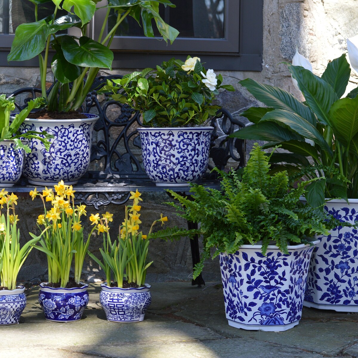 Euro Ceramica 3 Piece Blue and White Ceramic Florentine Garden Planter Set - Set of 3