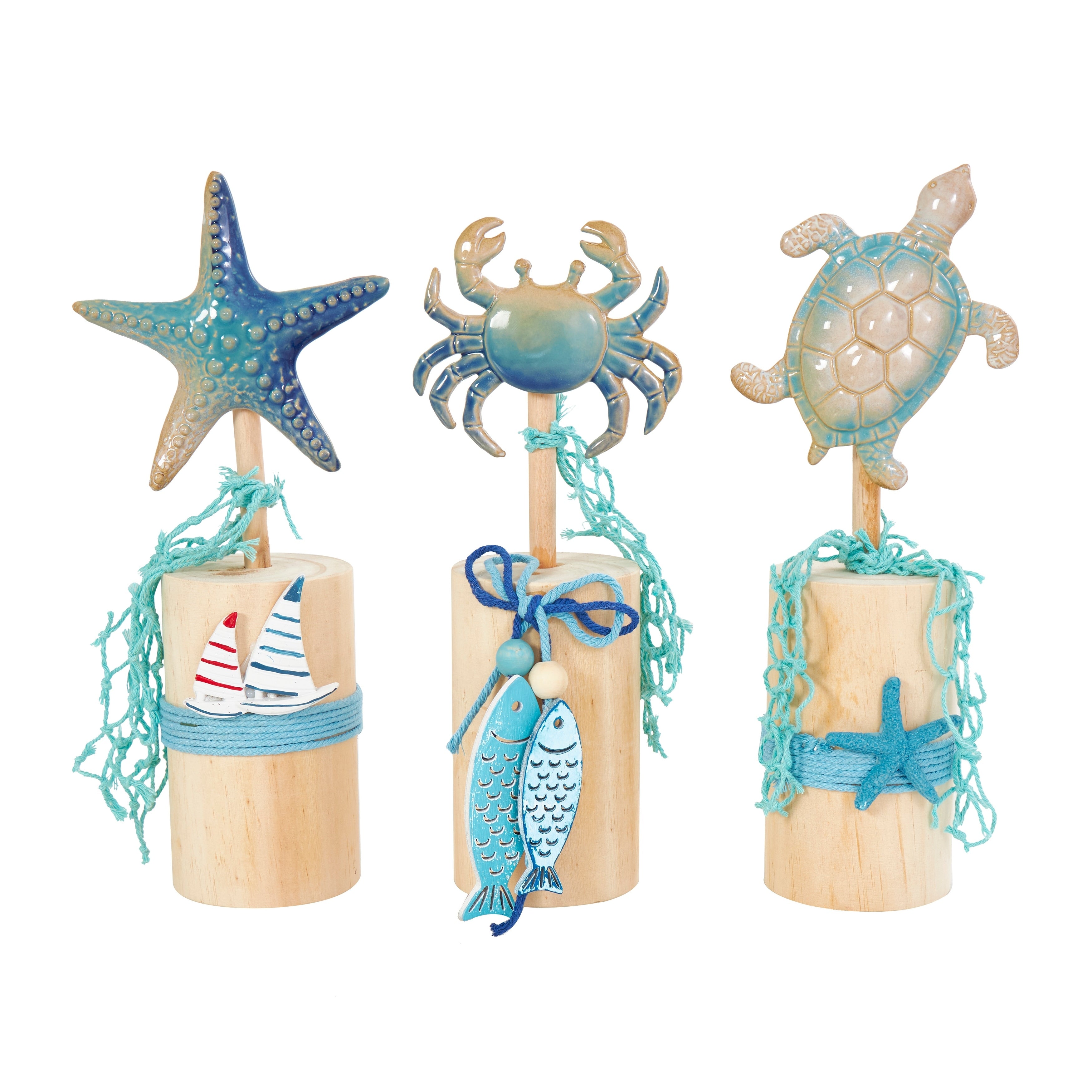 Blue Ceramic Handmade Ombre Sea Life Decorative Sculpture with Cylinder Block Bases and Netting Accents (Set of 3)