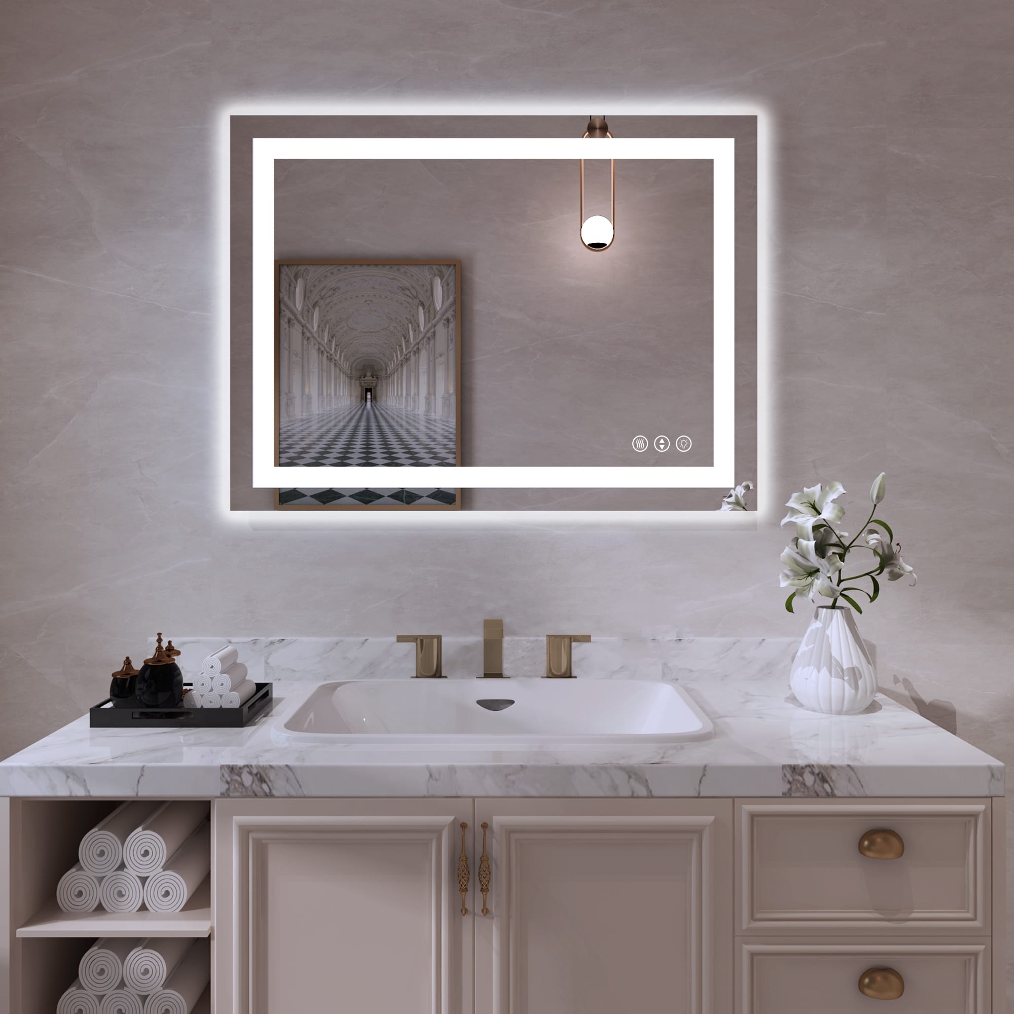 Large Rectangular Frameless Anti-Fog LED Light Wall Mounted Bathroom Vanity Mirror in White - N/A