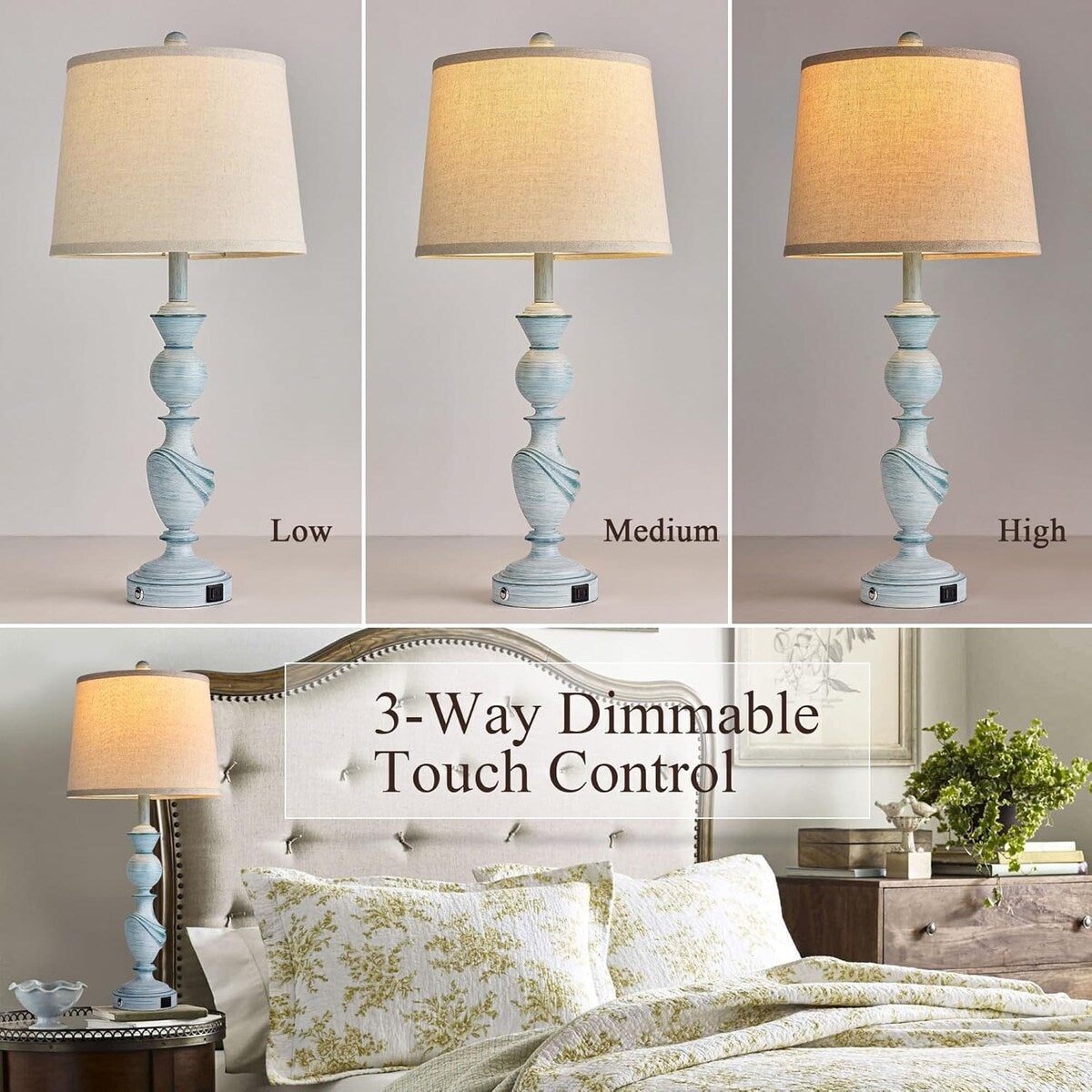 Farmhouse Table Lamps Set of 2, 3 Way Dimmable