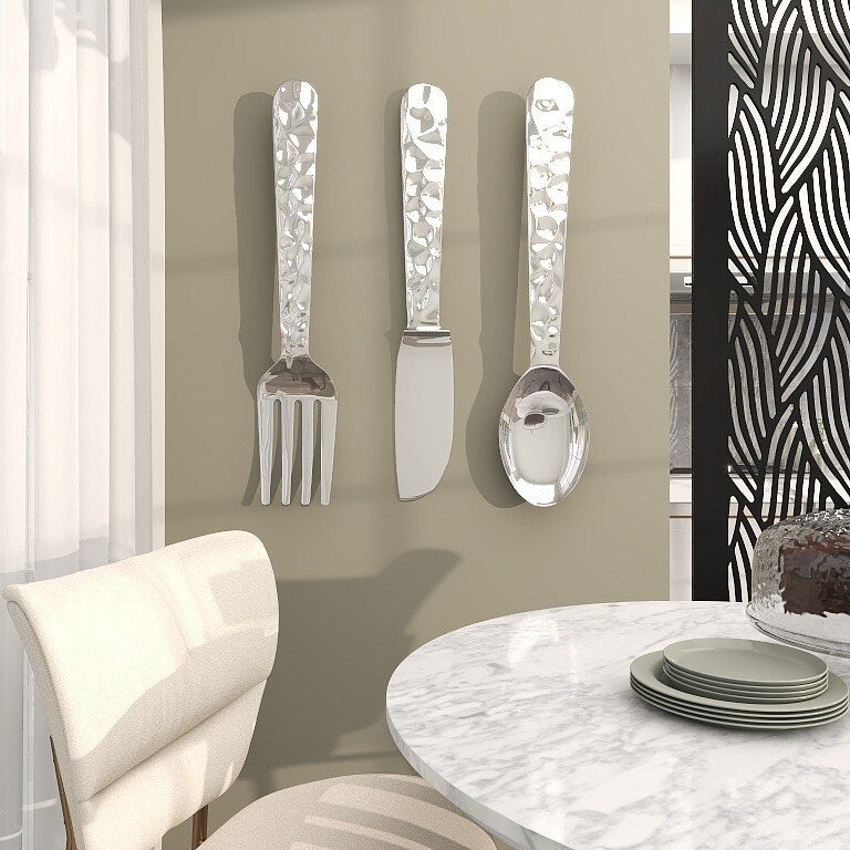 Aluminum Metal Utensils Knife, Spoon and Fork Home Wall Decor - Set of 3 Silver or Copper - Roche River Decor