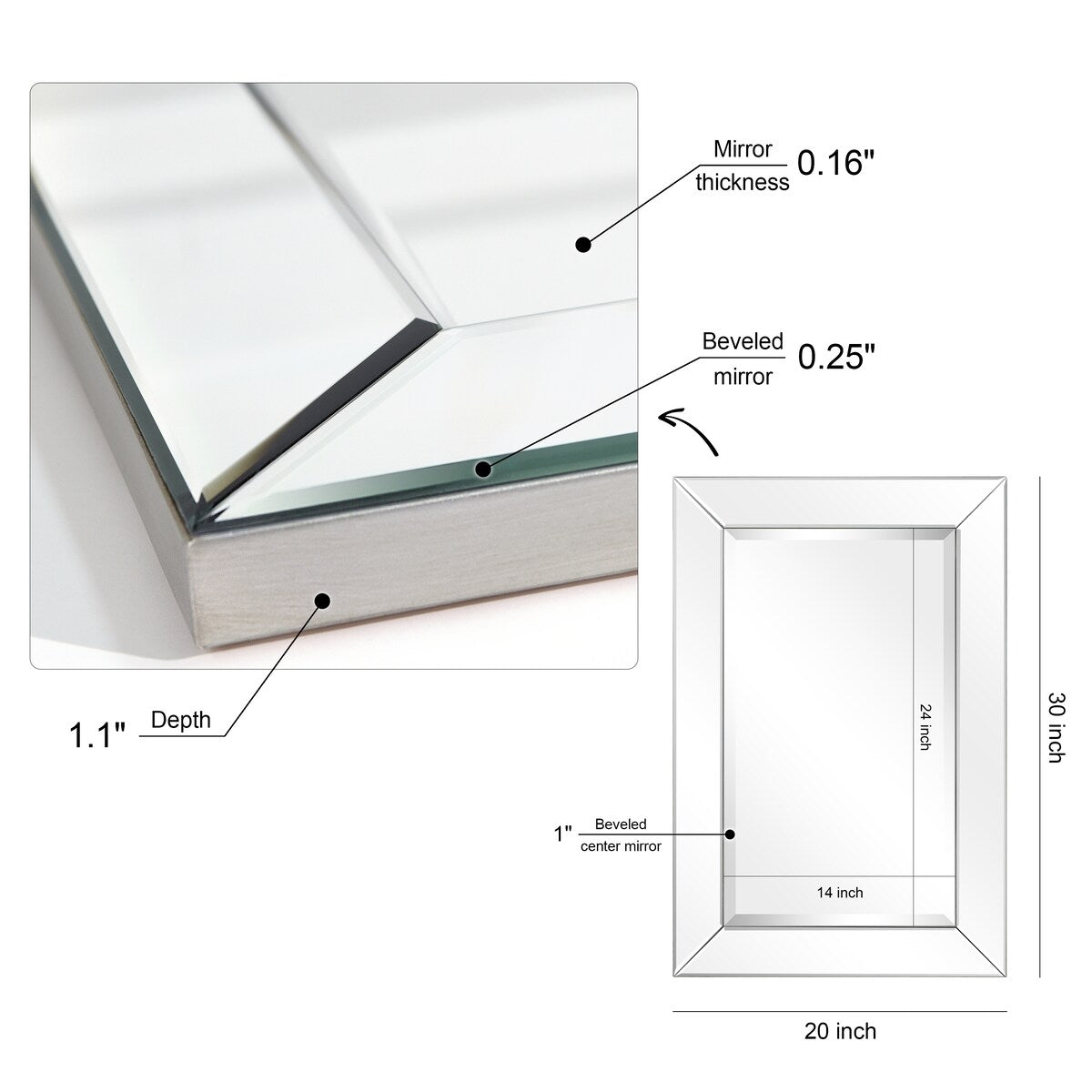 Beveled Rectangular Clear HD Wall Mounted Mirror for Bathroom, Bedroom, 3 sizes