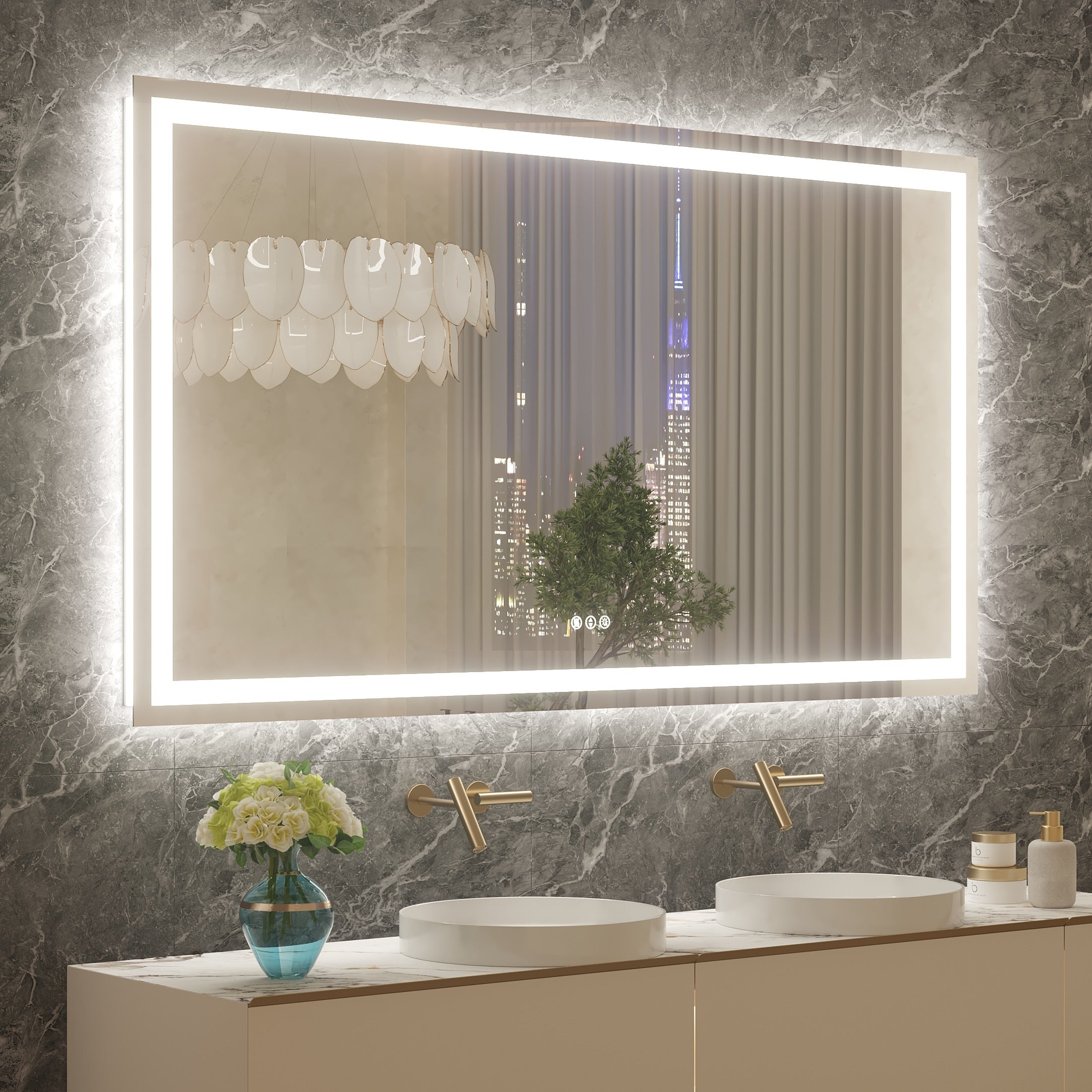 Large Rectangular Frameless Anti-Fog LED Light Wall Mounted Bathroom Vanity Mirror in White - N/A