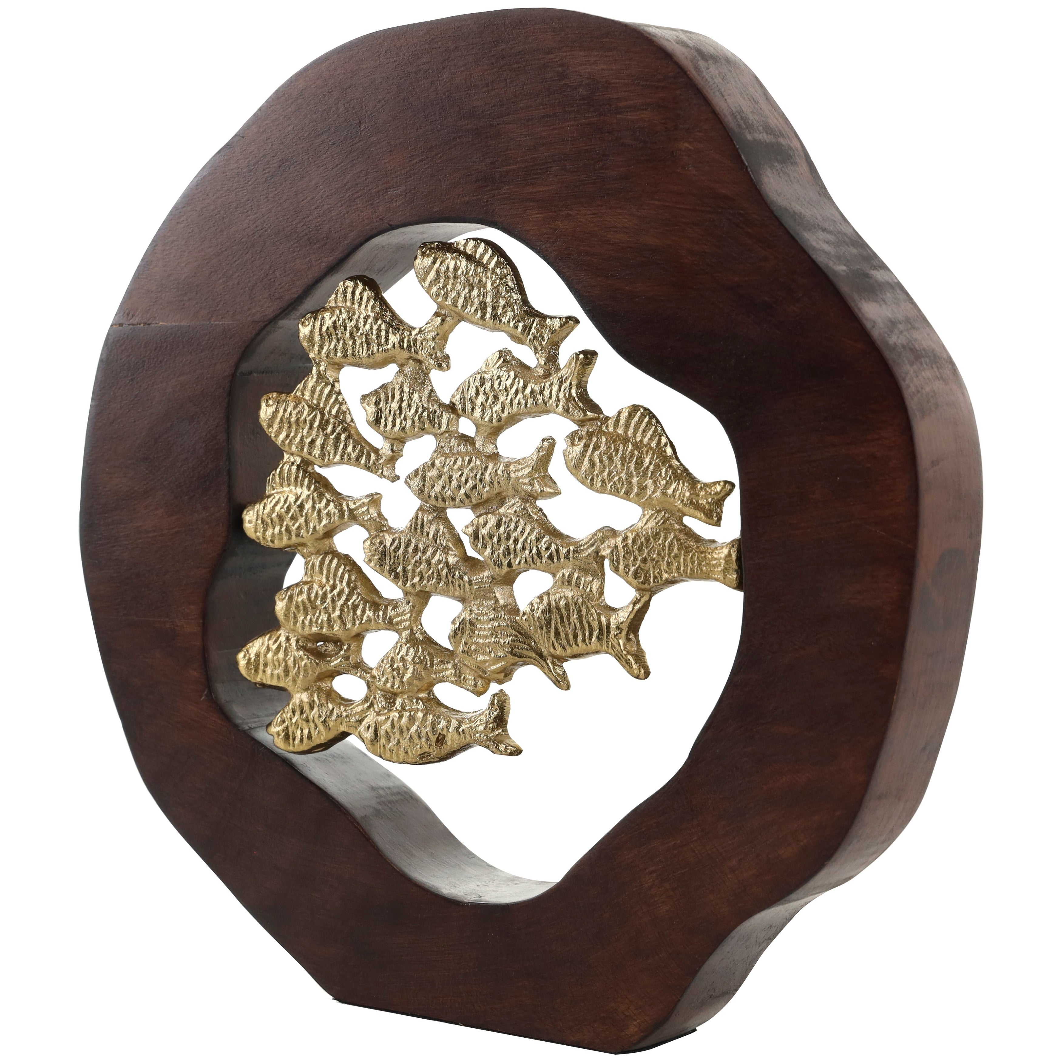 Gold Aluminum Metal Fish Decorative Sculpture with Brown Wooden Frame