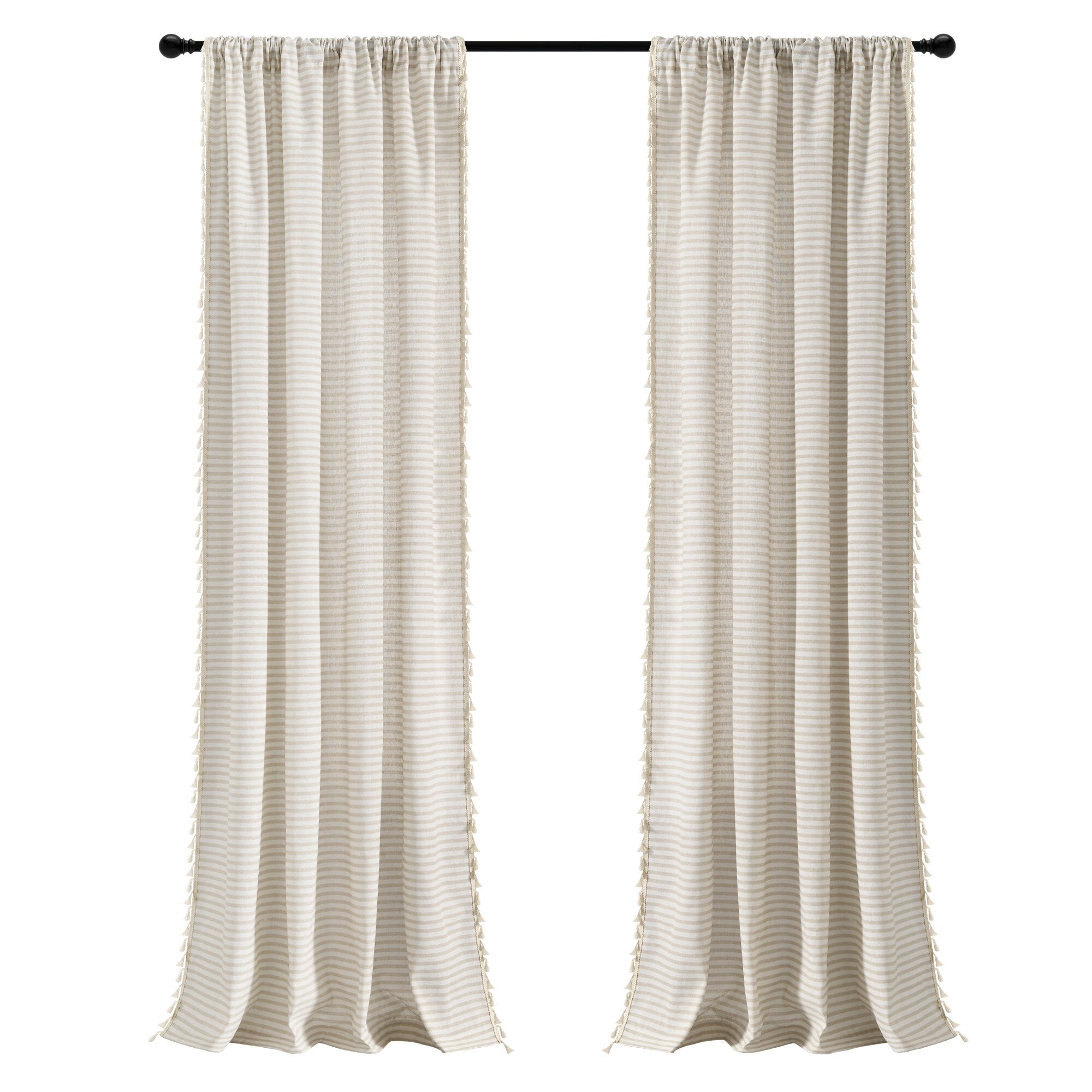 Lush Decor Boho Coastal Horizontal Ticking Stripe Tassel Window Curtain Panels