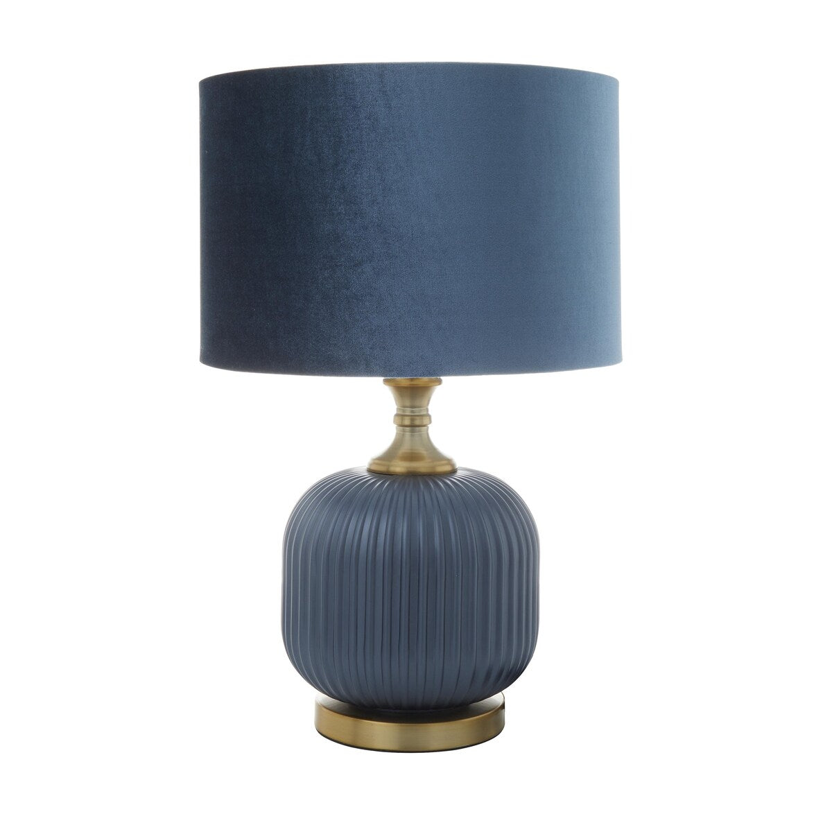 Fabric or Glass Ribbed Room Table Lamp with Velvet Shade and Gold Accents - Blue - Roche River Decor