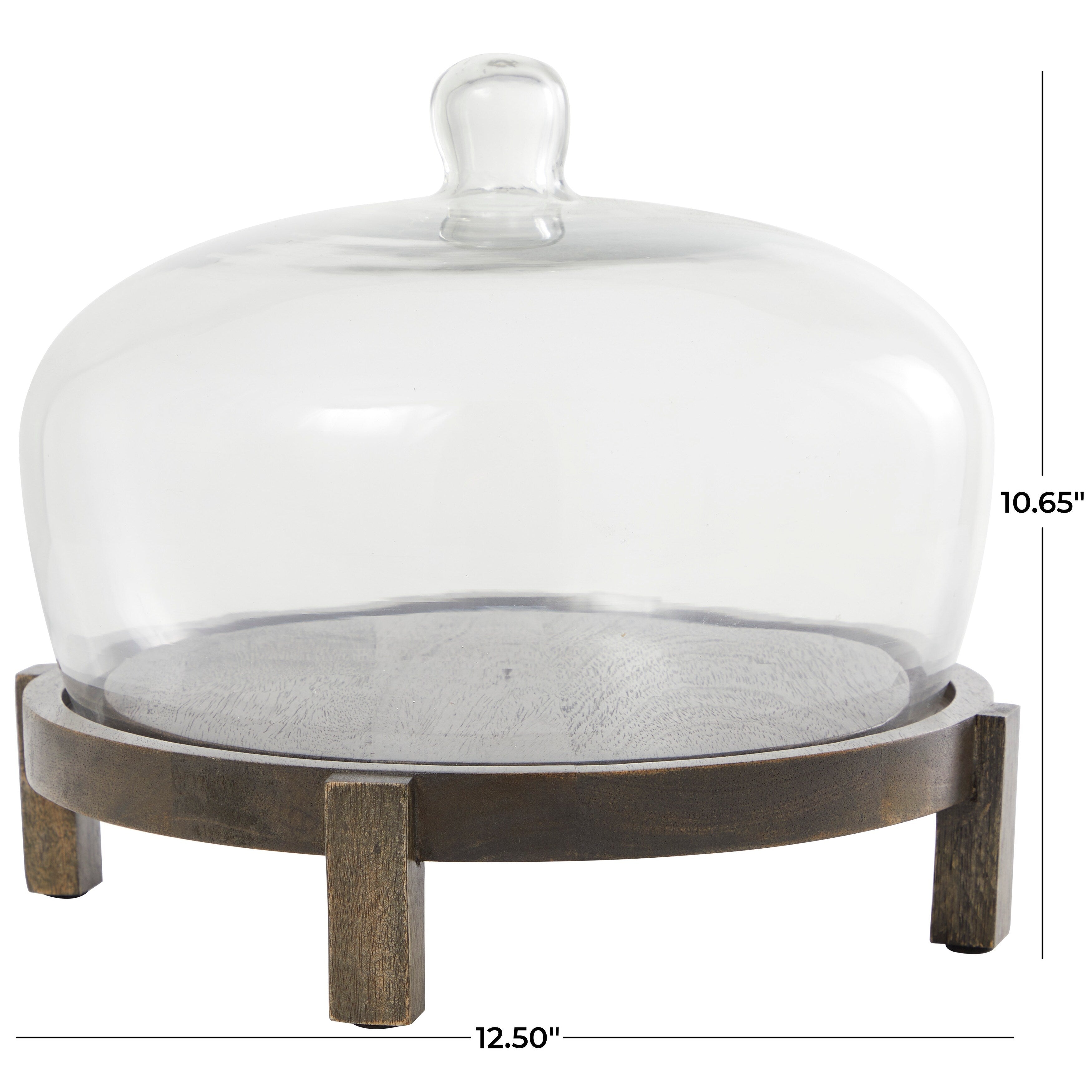 Dark Brown Mango Wood Cake Stand with Glass Cloche