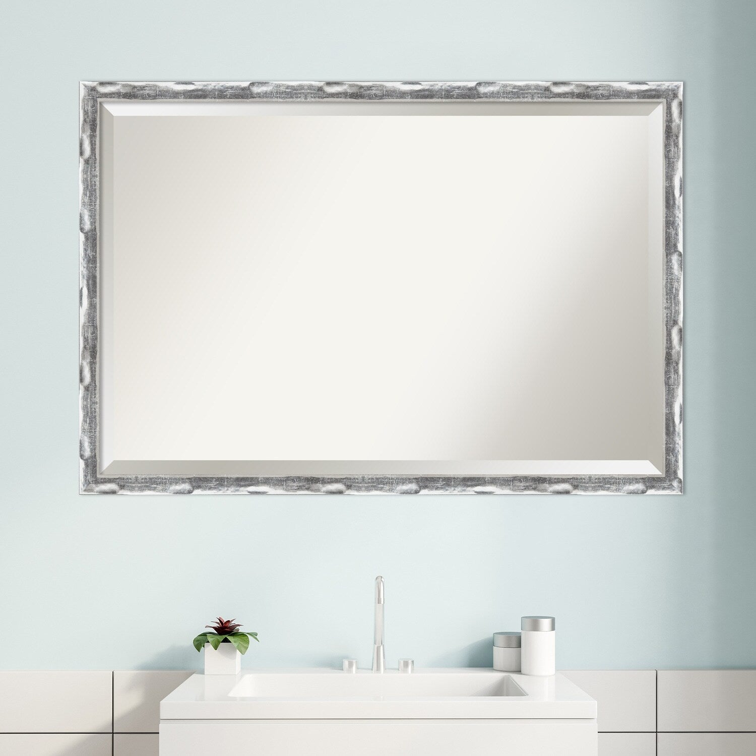 Beveled Bathroom Wall Mirror - Scratched Wave Chrome Frame - Scratched Wave Chrome