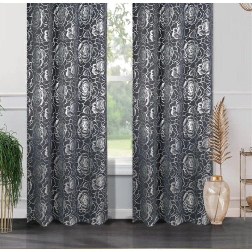 J&V Textiles Floral Metallic Blackout Thermal Grommet Curtain Panels (Set of 2) - Regular