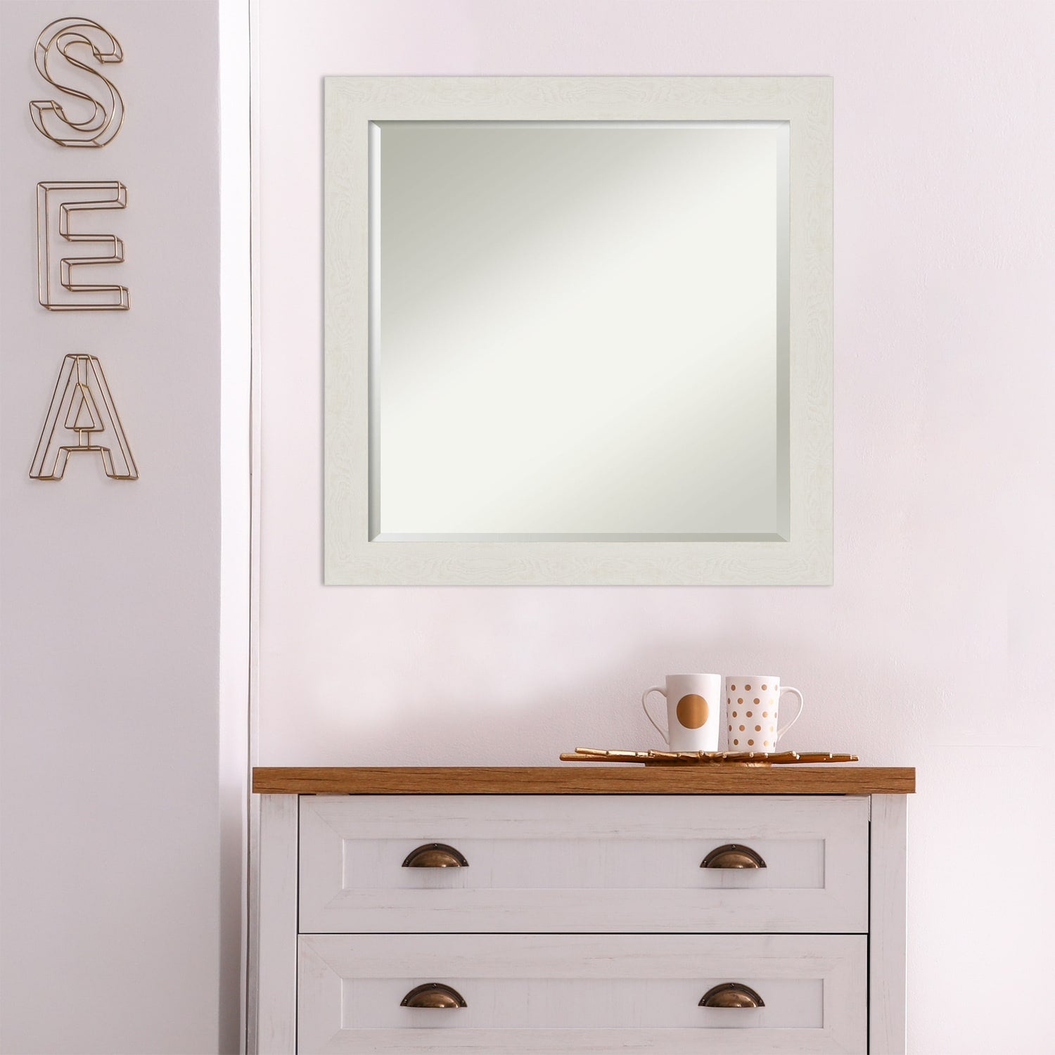 Beveled Bathroom Wall Mirror - Rustic Plank White Narrow Frame