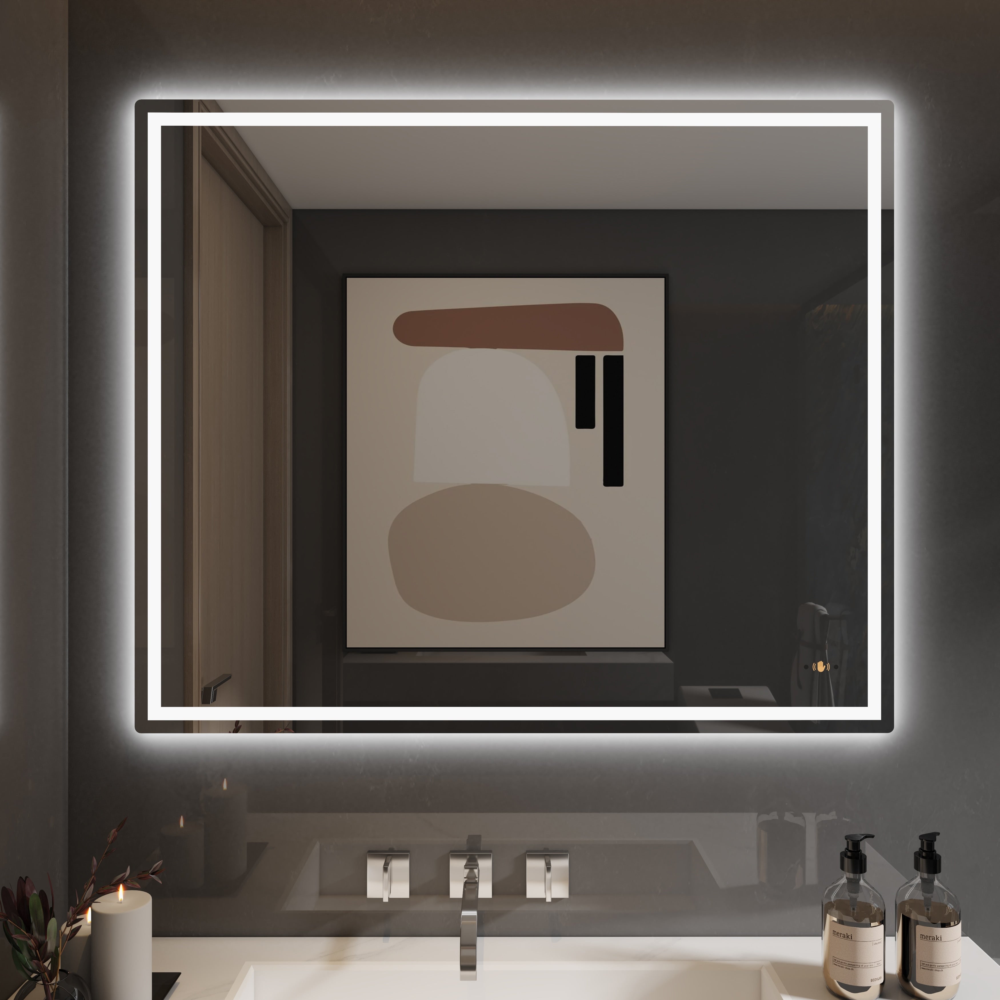 CB HOME Lighted Bathroom Vanity Mirror, LED Wall Mounted Mirror, Gesture Control Smart Lighted Mirror, Dimmable, Frameless