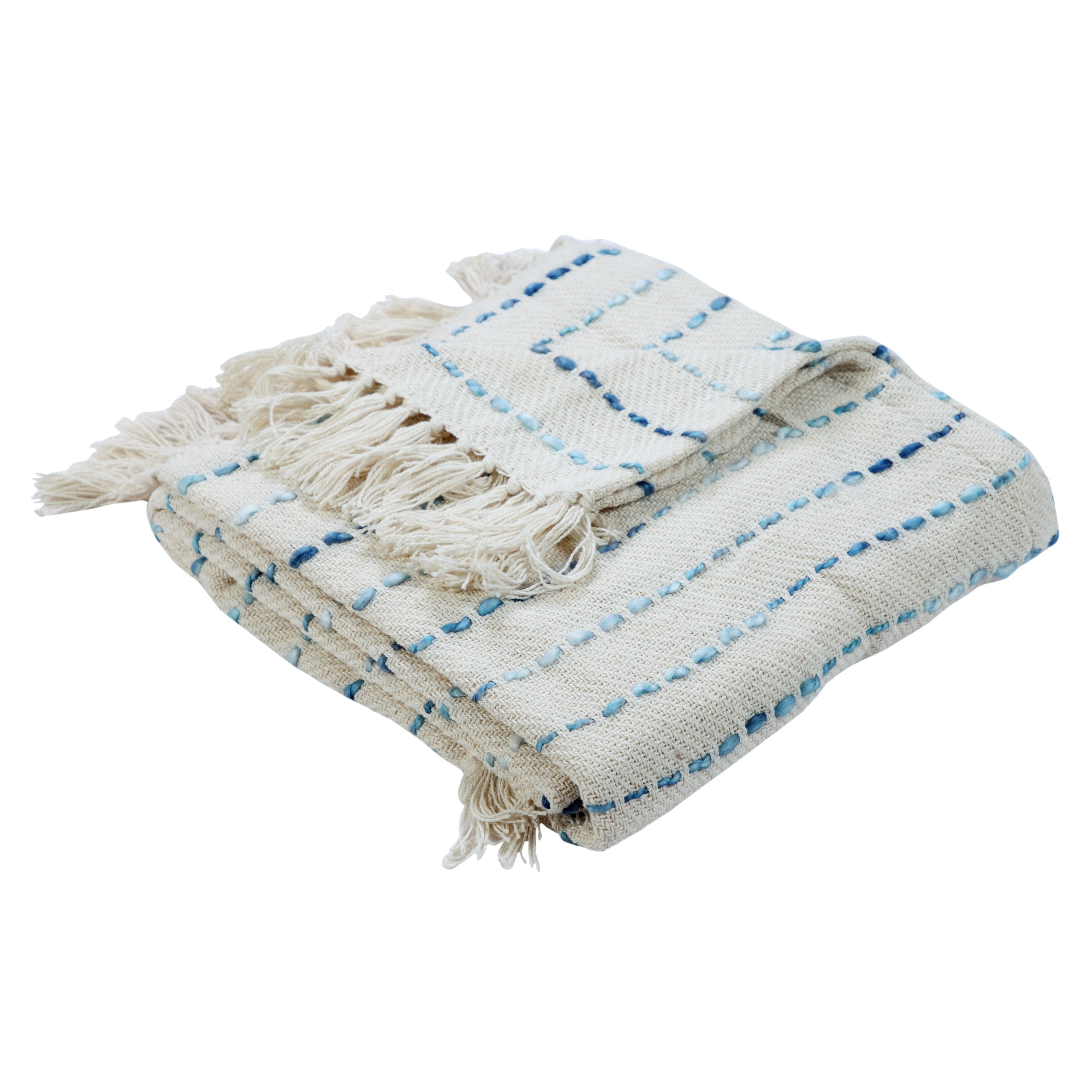 Sevita Hand-Woven Natural Cotton Striped Standard Size Throw Blanket with Fringe