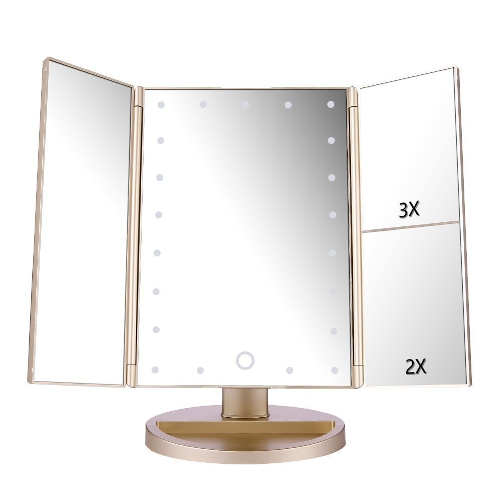 Tabletop Mount Trifold Lighted Vanity Mirror with 21 LED Lights,Two Power Supply Mode Make up Mirror