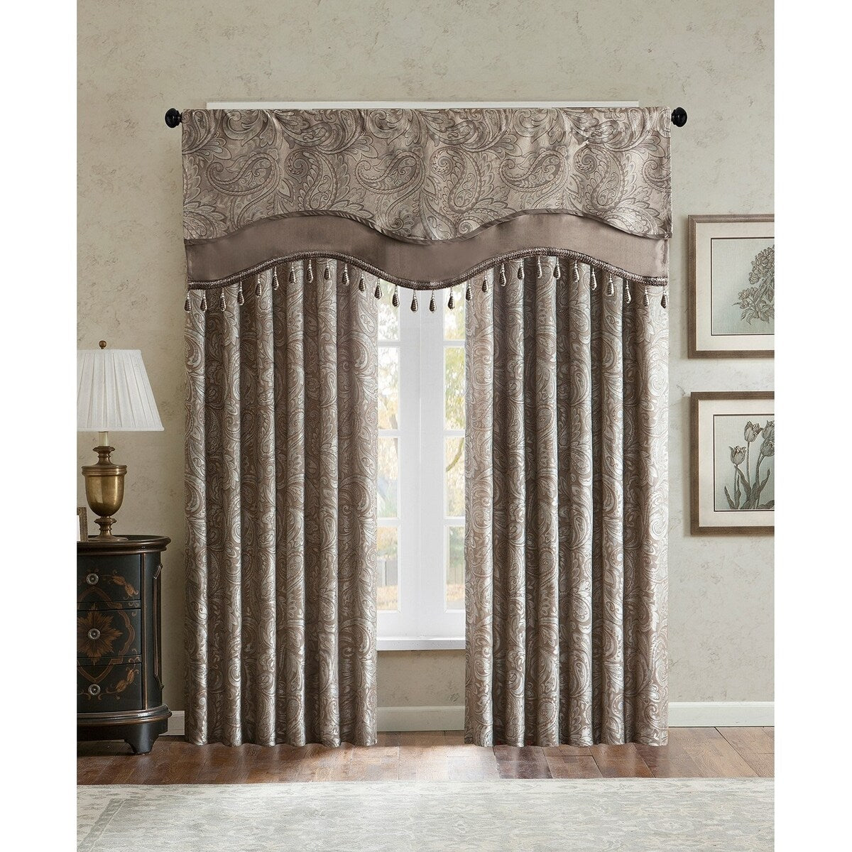 Madison Park Aubrey 50 x 18 Beaded Jacquard Window Valance Champagne - 50 x 18