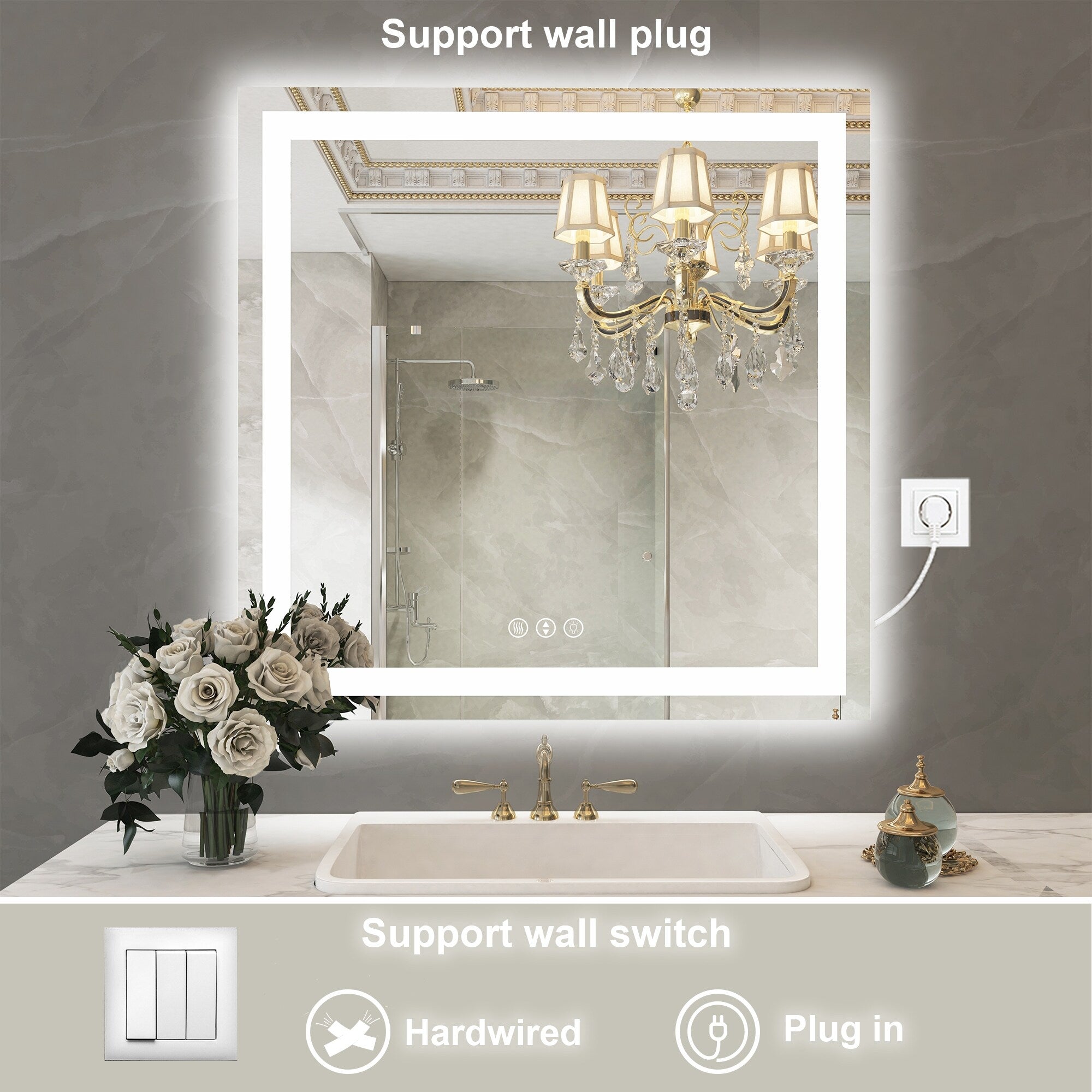 Large Rectangular Frameless Anti-Fog LED Light Wall Mounted Bathroom Vanity Mirror in White - N/A