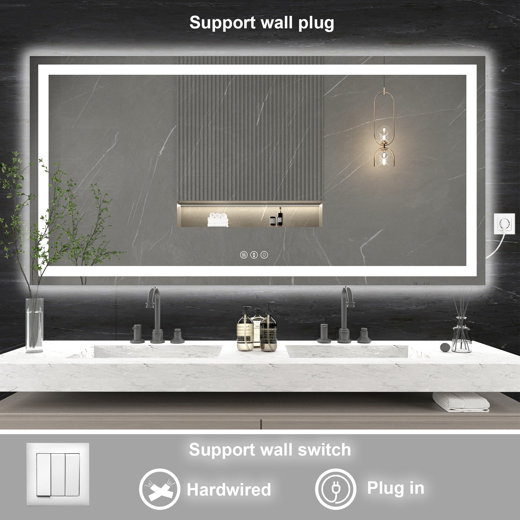 Large Rectangular Frameless Anti-Fog LED Light Wall Mounted Bathroom Vanity Mirror in White - N/A