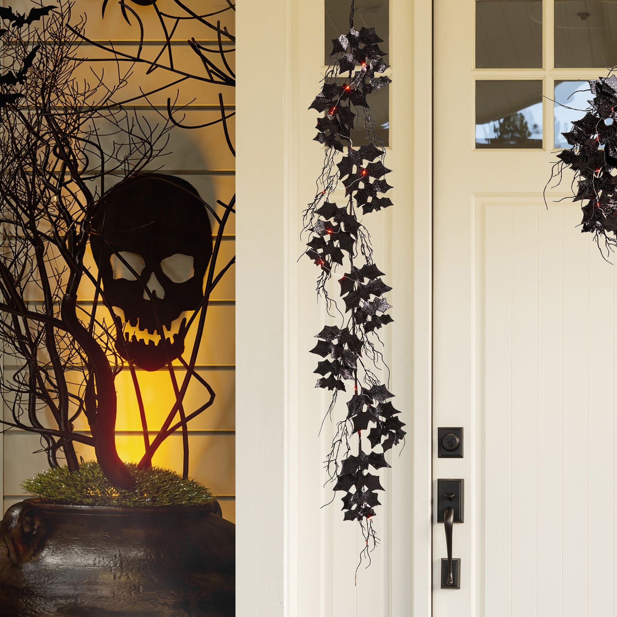 Glitzhome LED Lighted Black Halloween Bat Garland Wreath Wall Decor