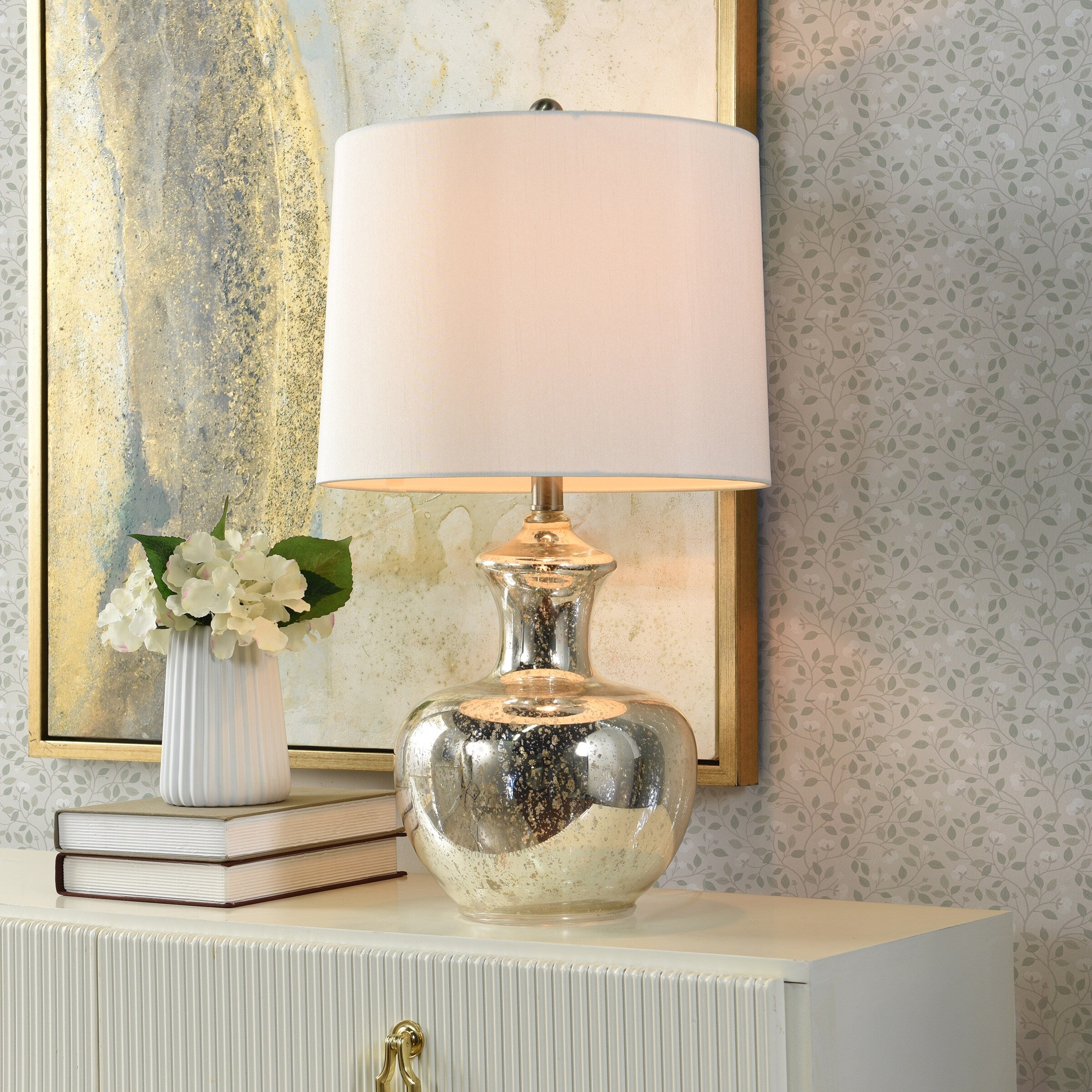 StyleCraft Mercury Glass Silver Mercury Table Lamp - Off White Shade