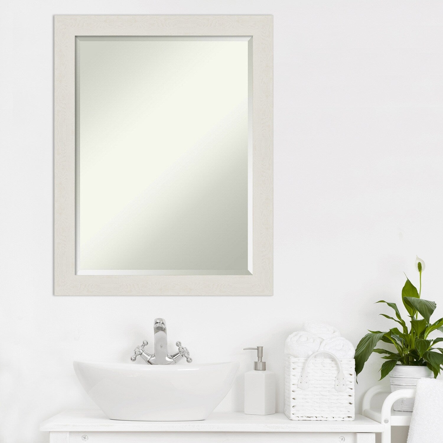 Beveled Bathroom Wall Mirror - Rustic Plank White Narrow Frame