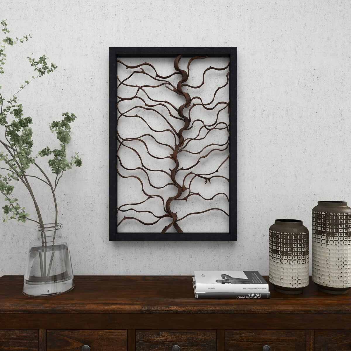 Wood Tree Branch Home Wall Decor with Black Frame - Brown - Roche River Decor