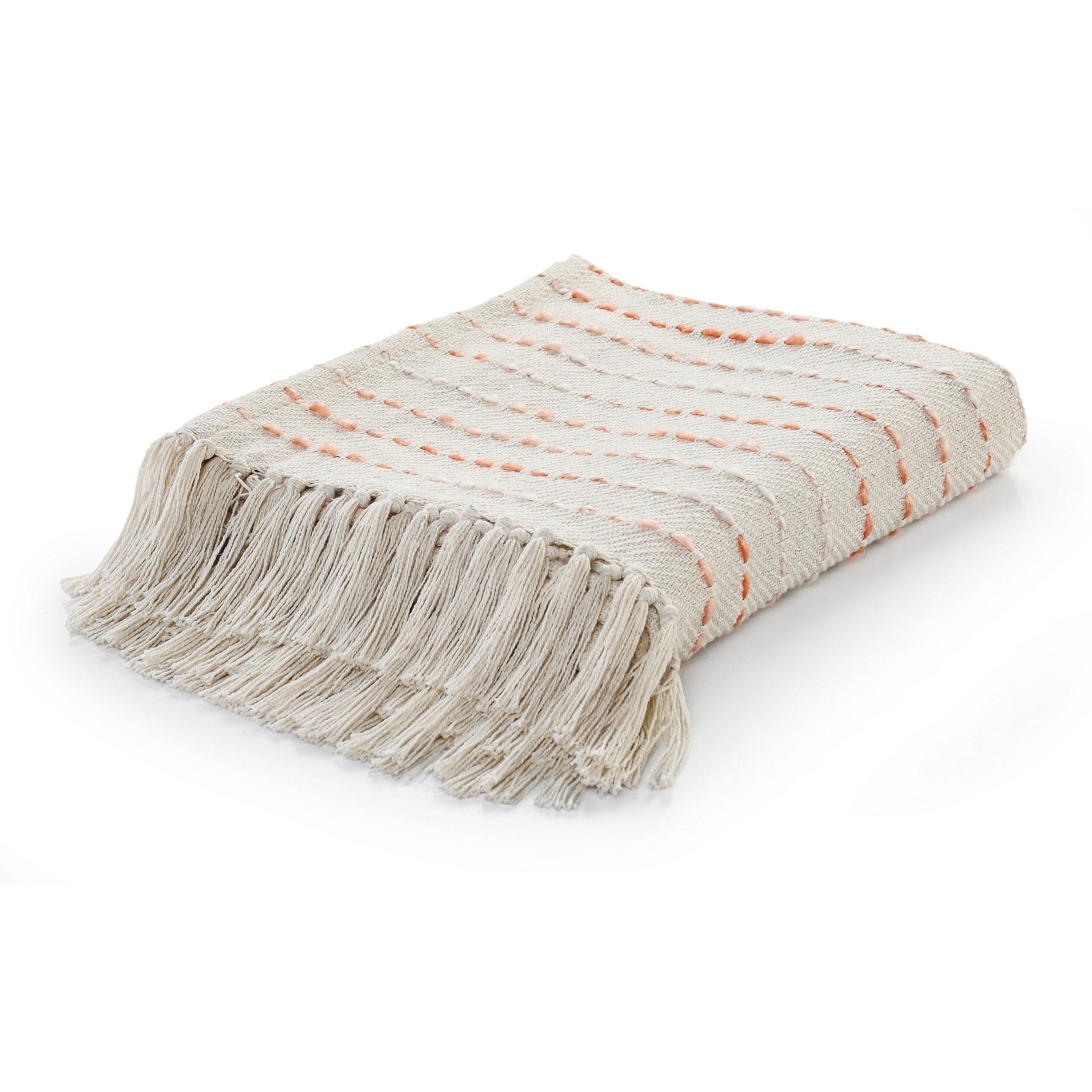 Sevita Hand-Woven Natural Cotton Striped Standard Size Throw Blanket with Fringe