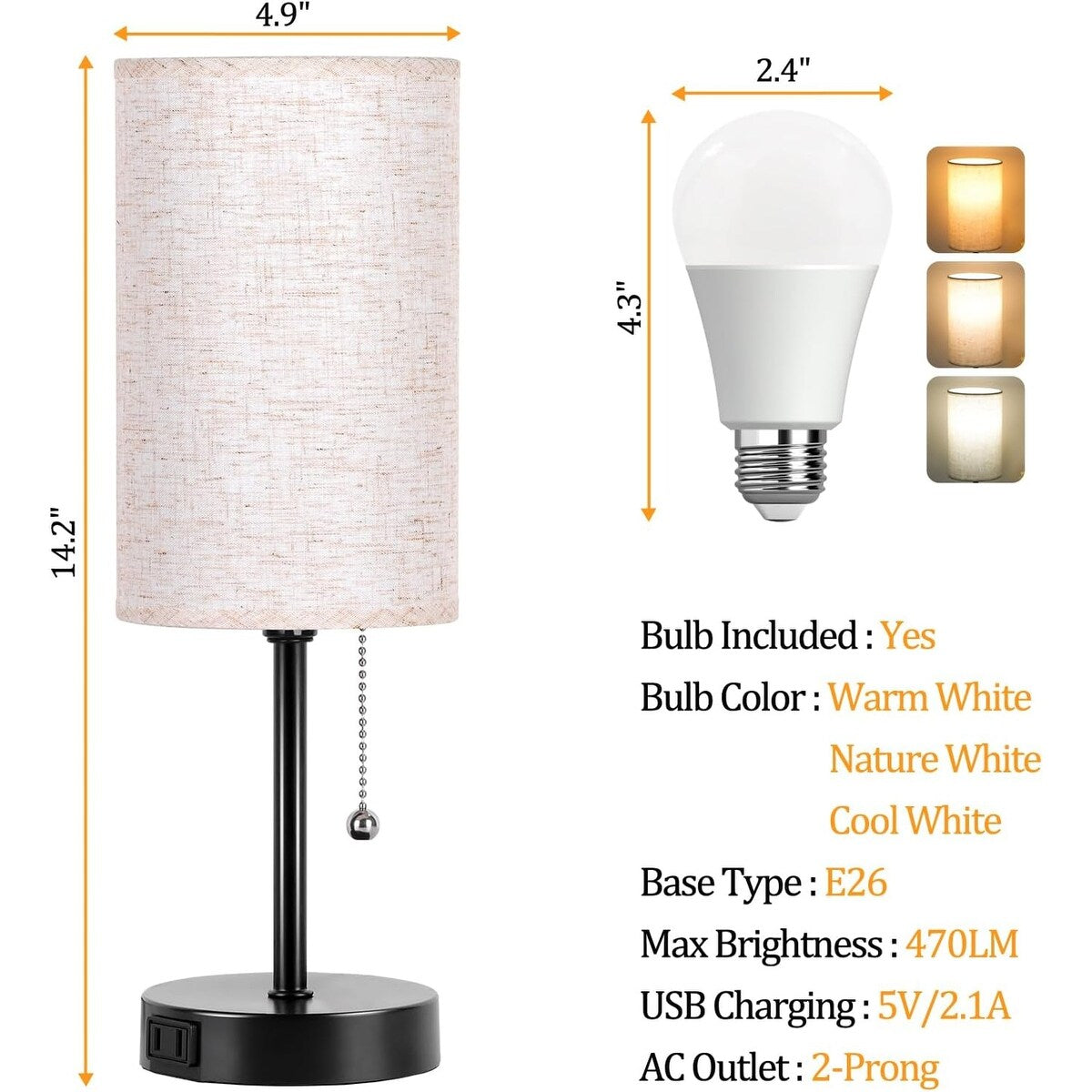 Table Lamp for Bedroom, 3-Color Bedside Lamps with Pull Chain, Bedroom Table Lamps for Nightstand, Bulb Included