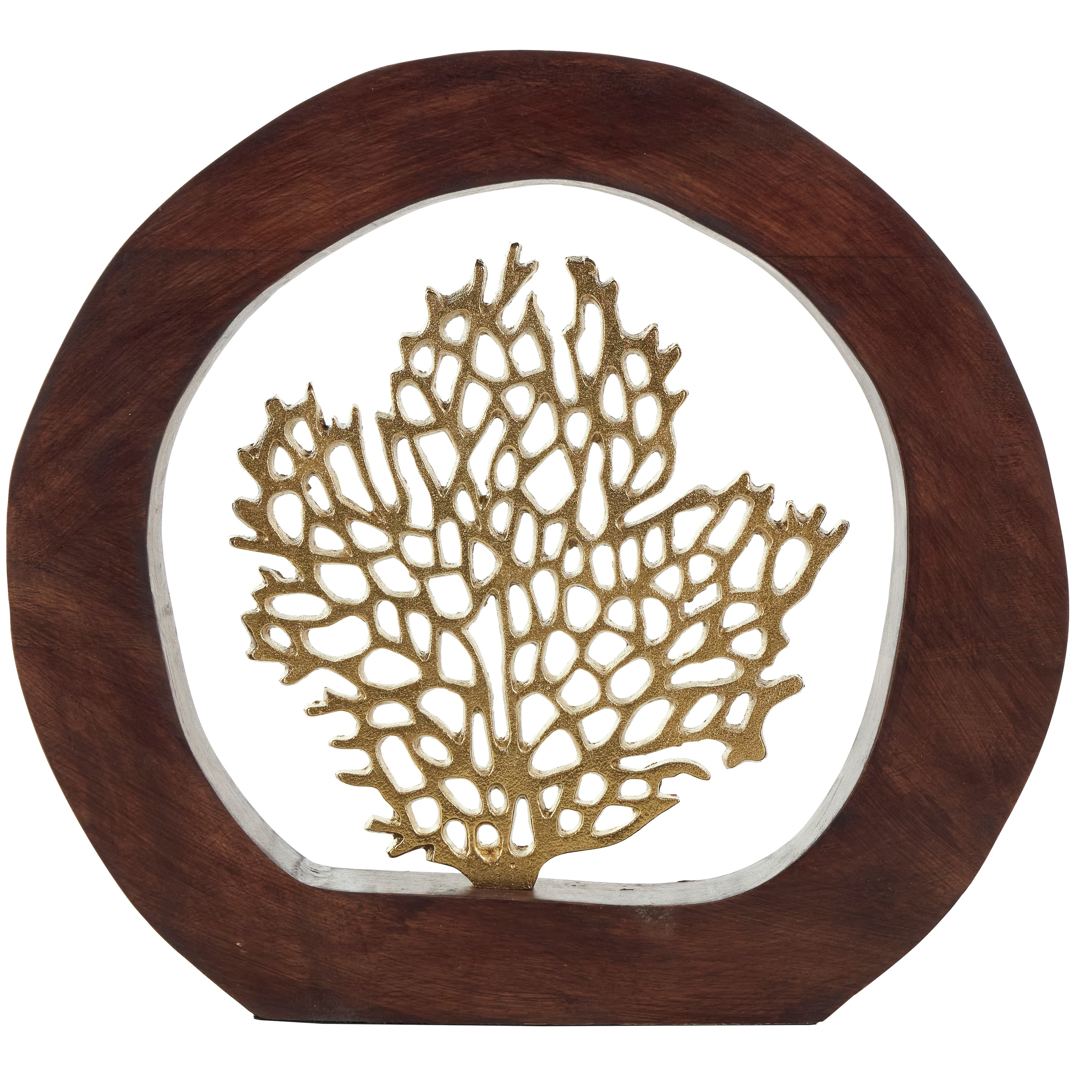 Gold Aluminum Metal Coral Decorative Sculpture with Brown Wooden Frame