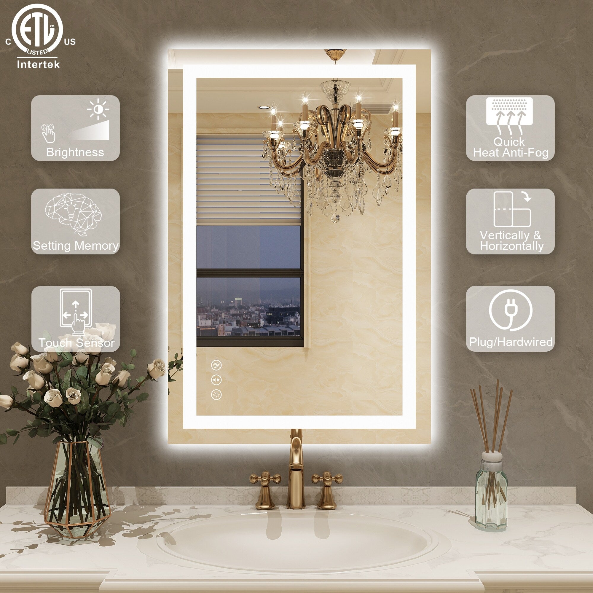 Large Rectangular Frameless Anti-Fog LED Light Wall Mounted Bathroom Vanity Mirror in White - N/A