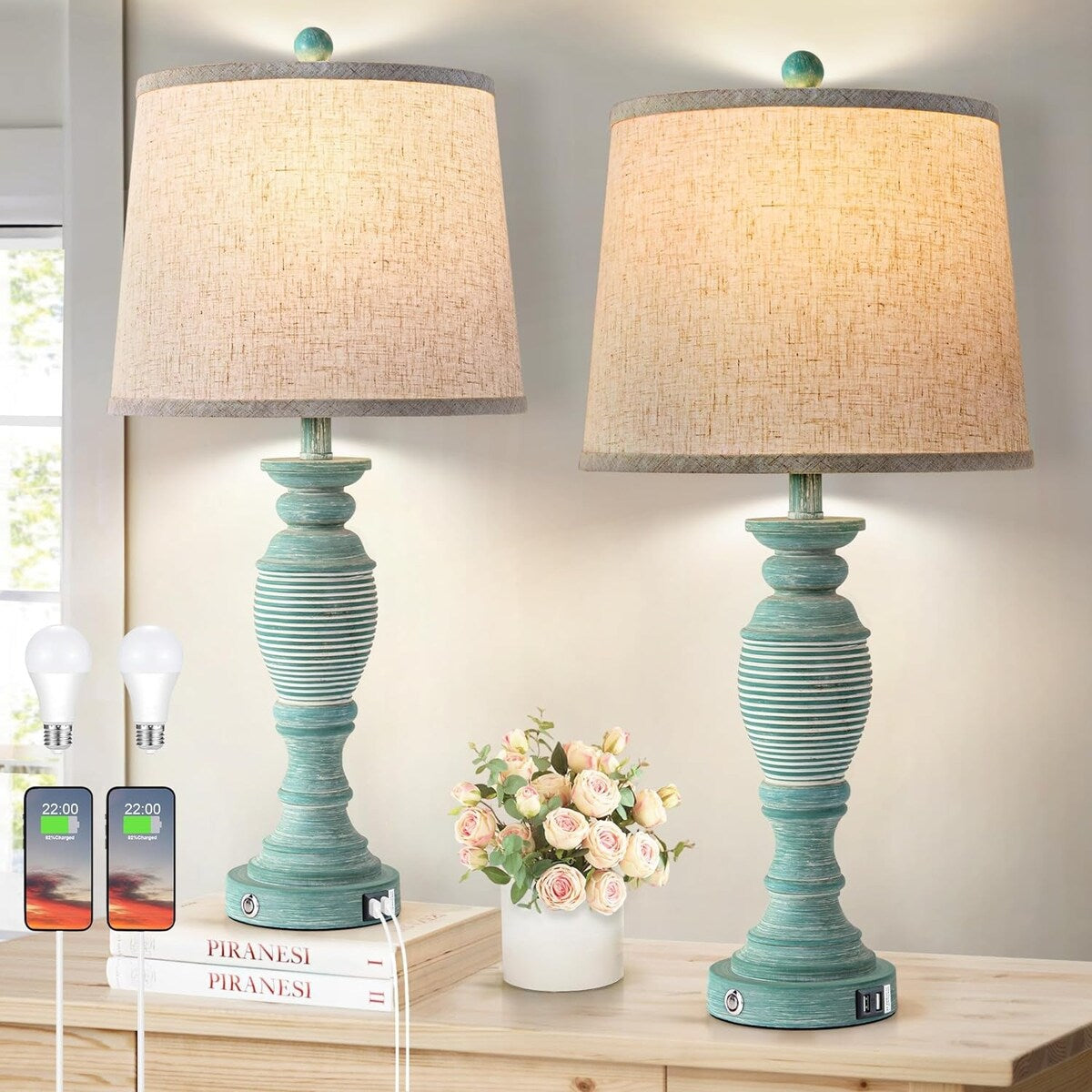 Farmhouse Table Lamps Set of 2, 3 Way Dimmable