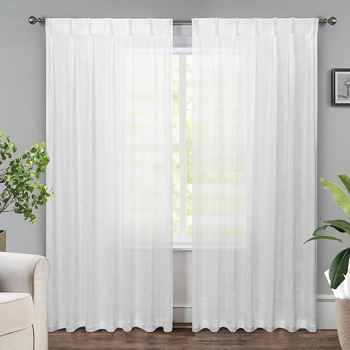 DriftAway Pinch Pleat Solid White Color Linen Textured Slub Sheer Curtains Light Filtering Privacy Drape