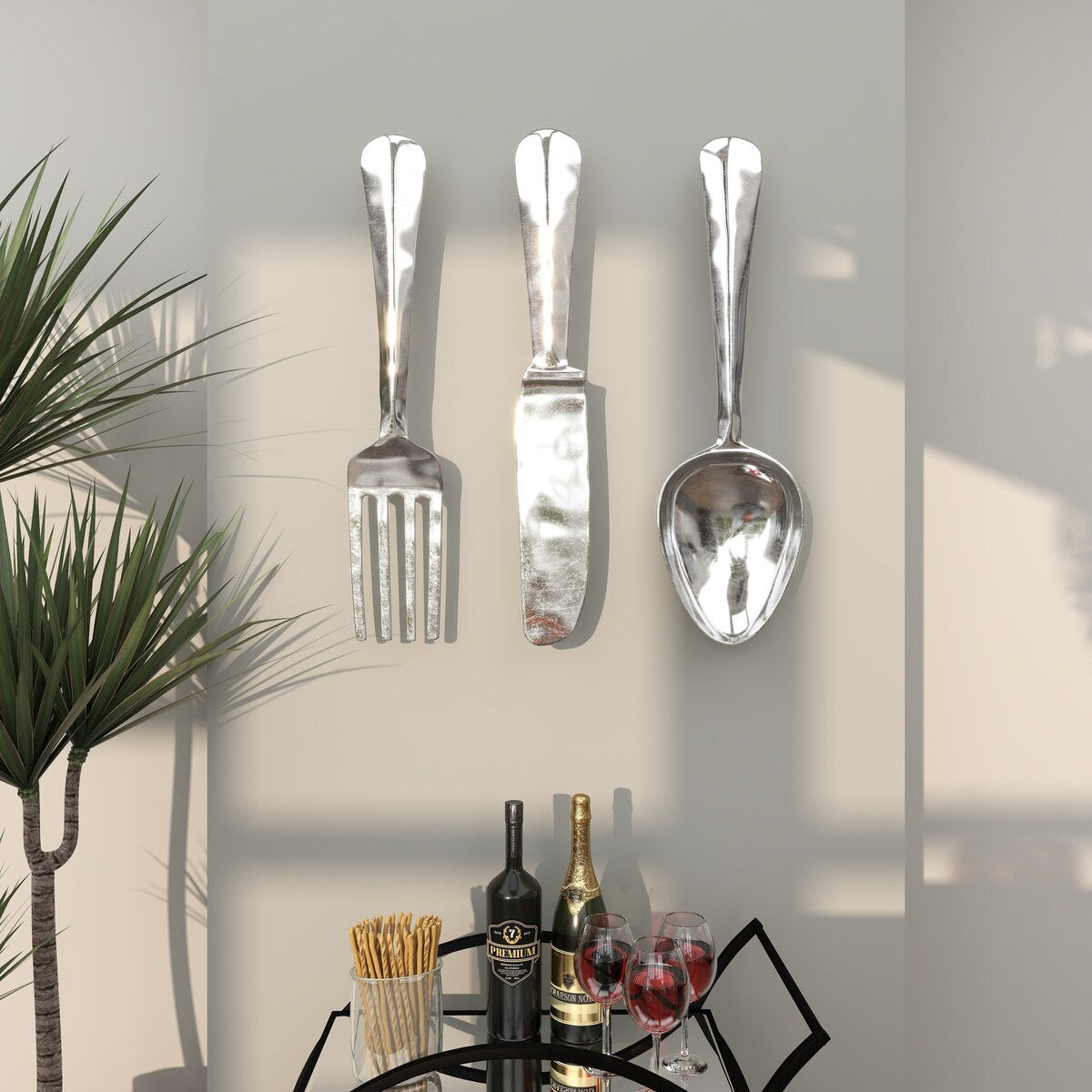 Aluminum Metal Utensils Knife, Spoon and Fork Home Wall Decor - Set of 3 Silver or Copper - Roche River Decor