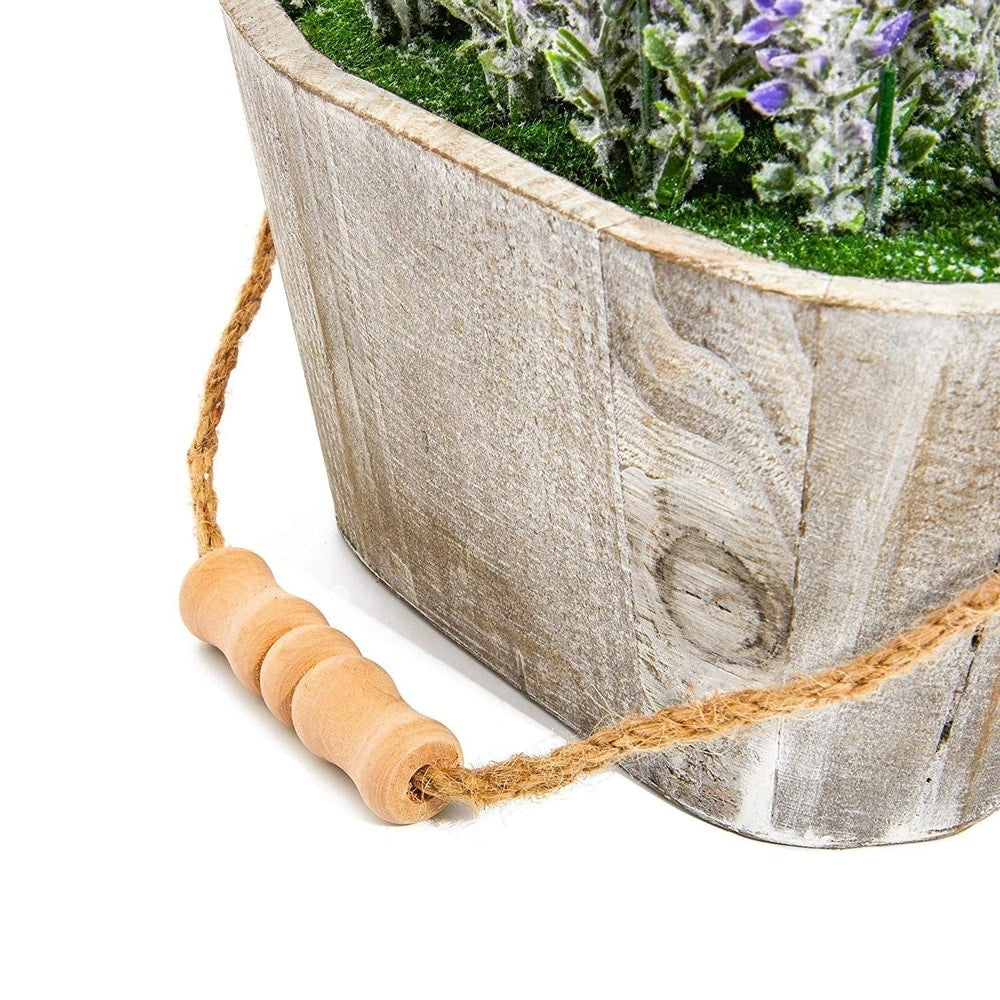 Artificial Lavender Fake Flower Plant in Rustic Oval Wooden Box for Decorations