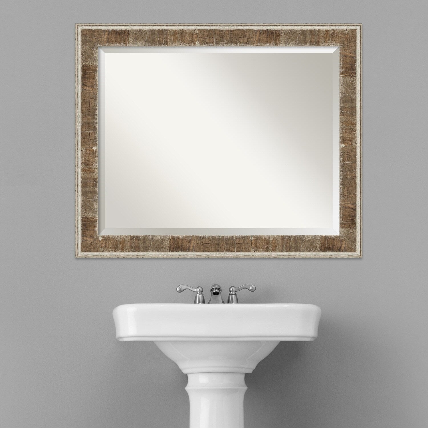 Beveled Wood Bathroom Wall Mirror - Farmhouse Brown Narrow Frame